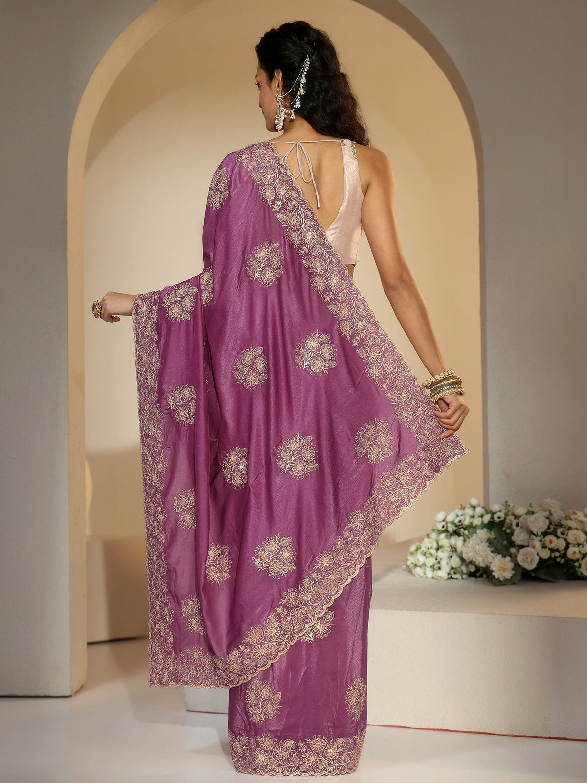 Anouk Dusty Rose Pink Floral Embroidered Satin Saree