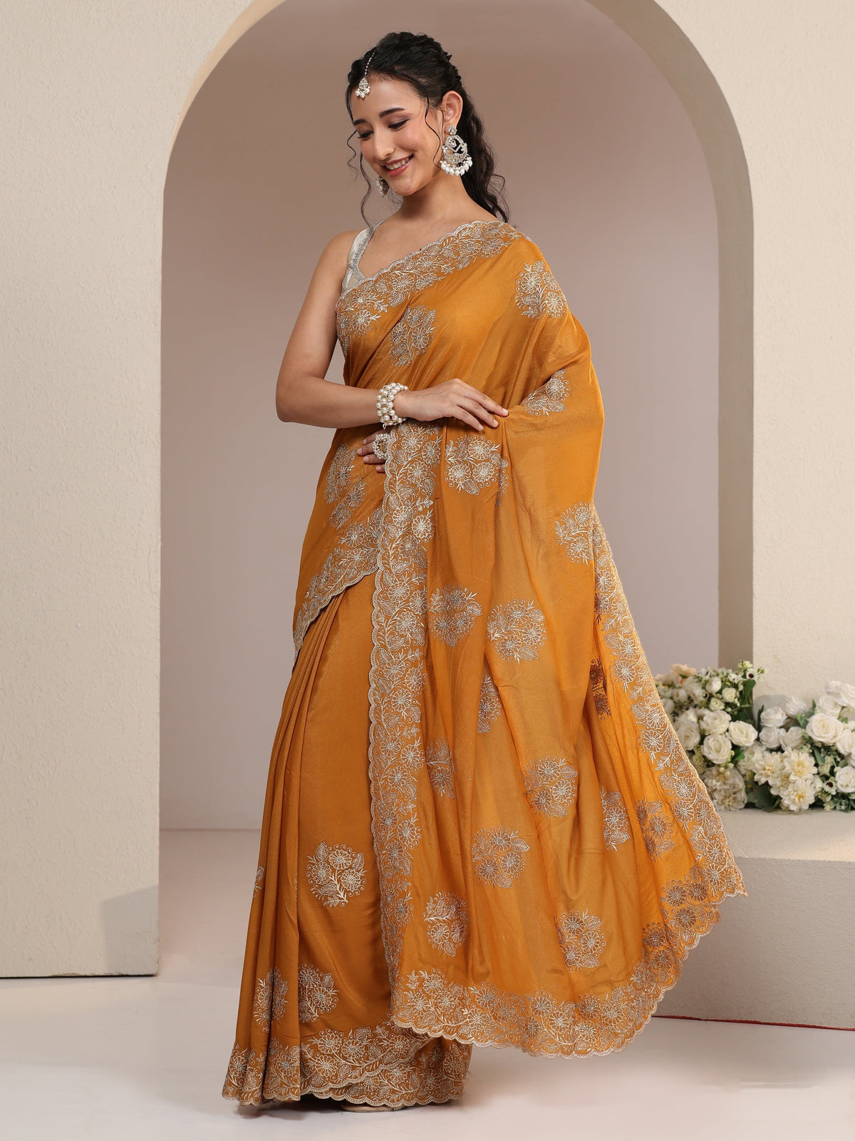 Anouk Burnt Orange Satin Saree with Embroidered Floral Motifs