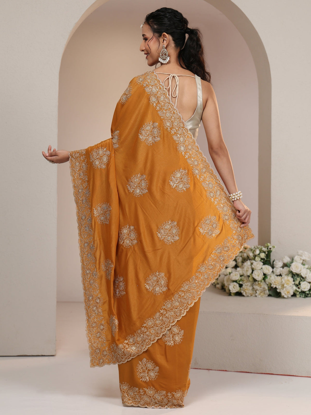 Anouk Burnt Orange Satin Saree with Embroidered Floral Motifs