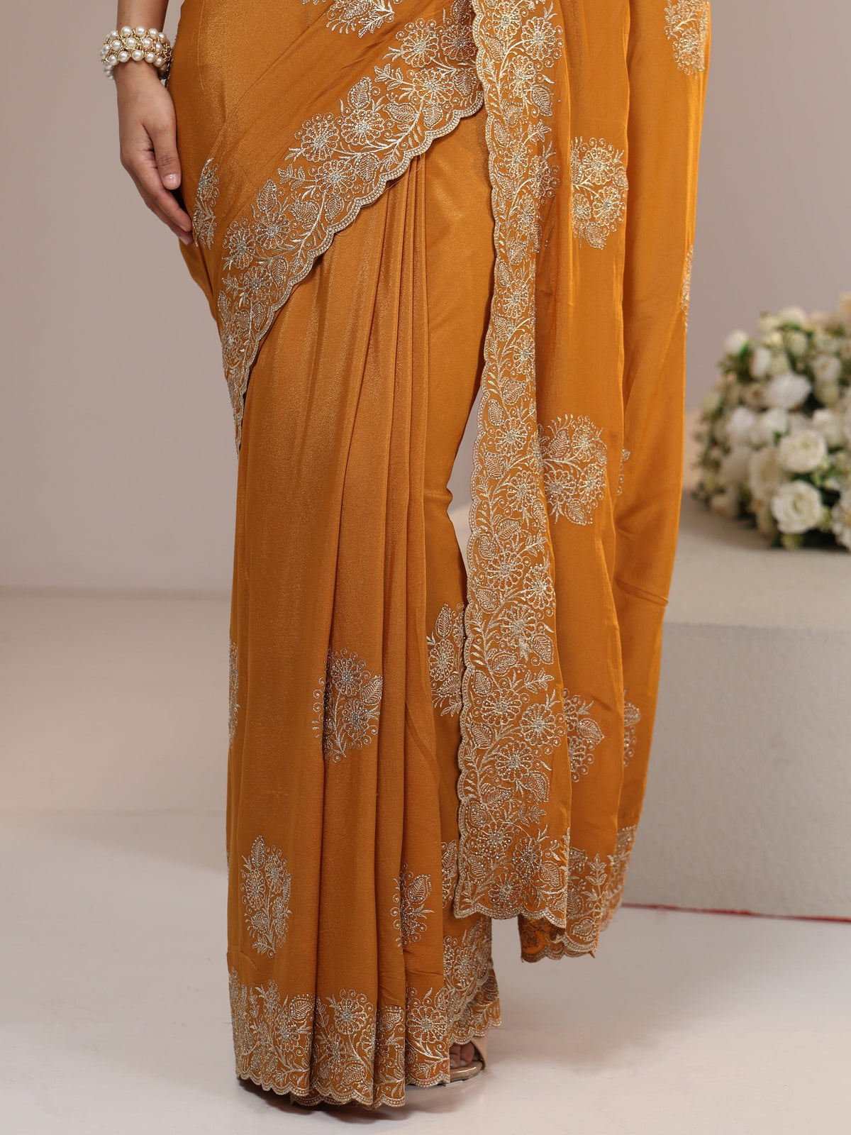 Anouk Burnt Orange Satin Saree with Embroidered Floral Motifs