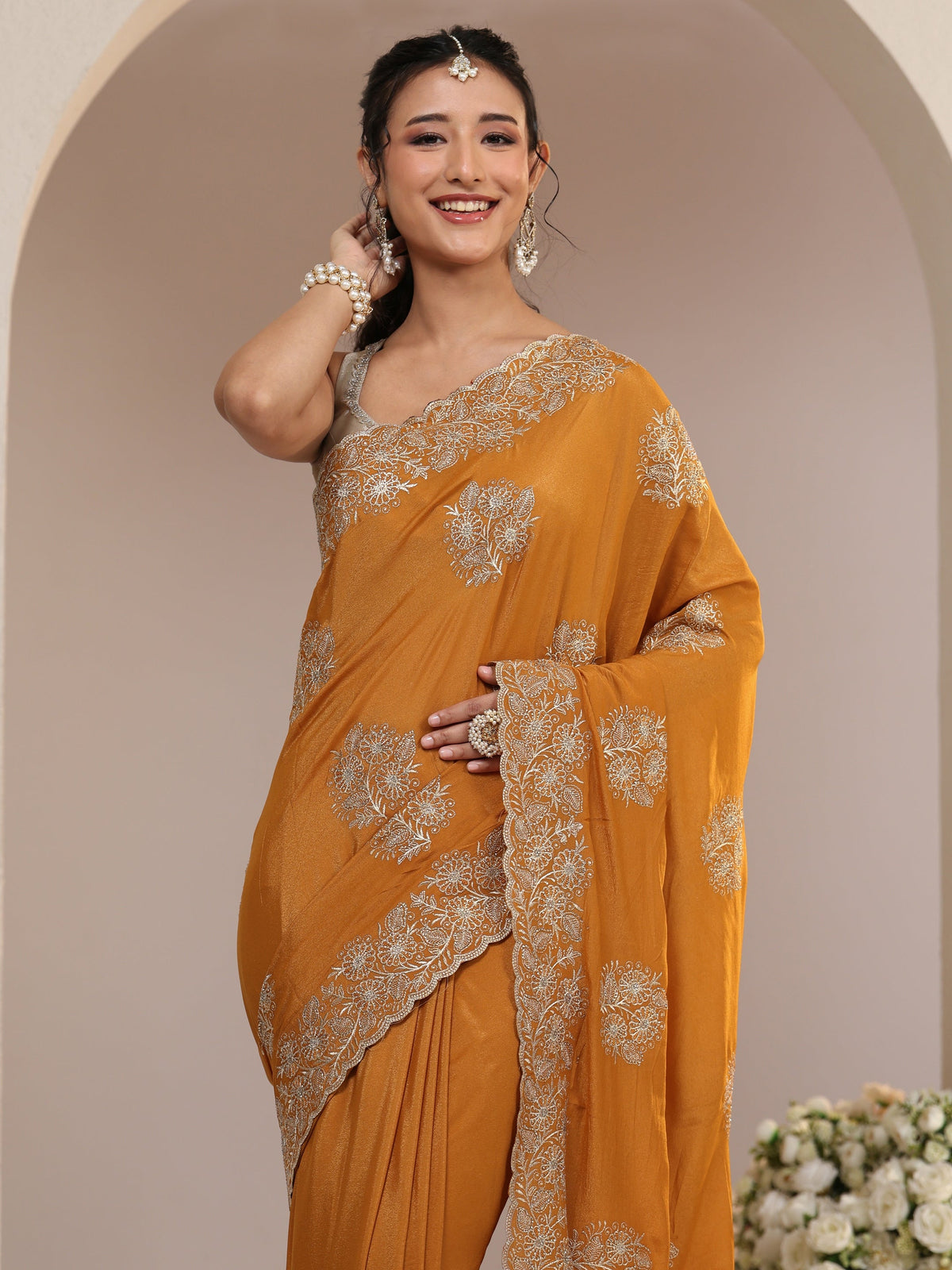 Anouk Burnt Orange Satin Saree with Embroidered Floral Motifs