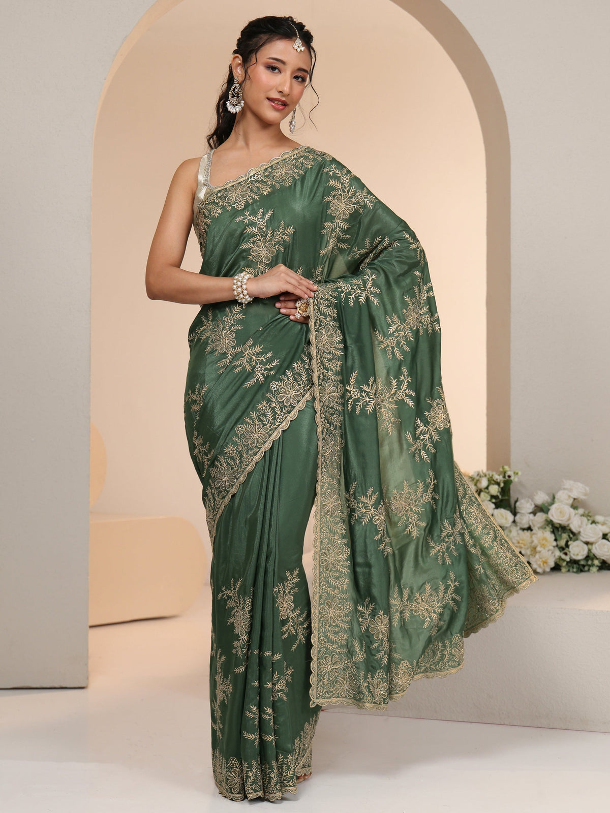 Anouk Moss Green Floral Embroidered Satin Saree
