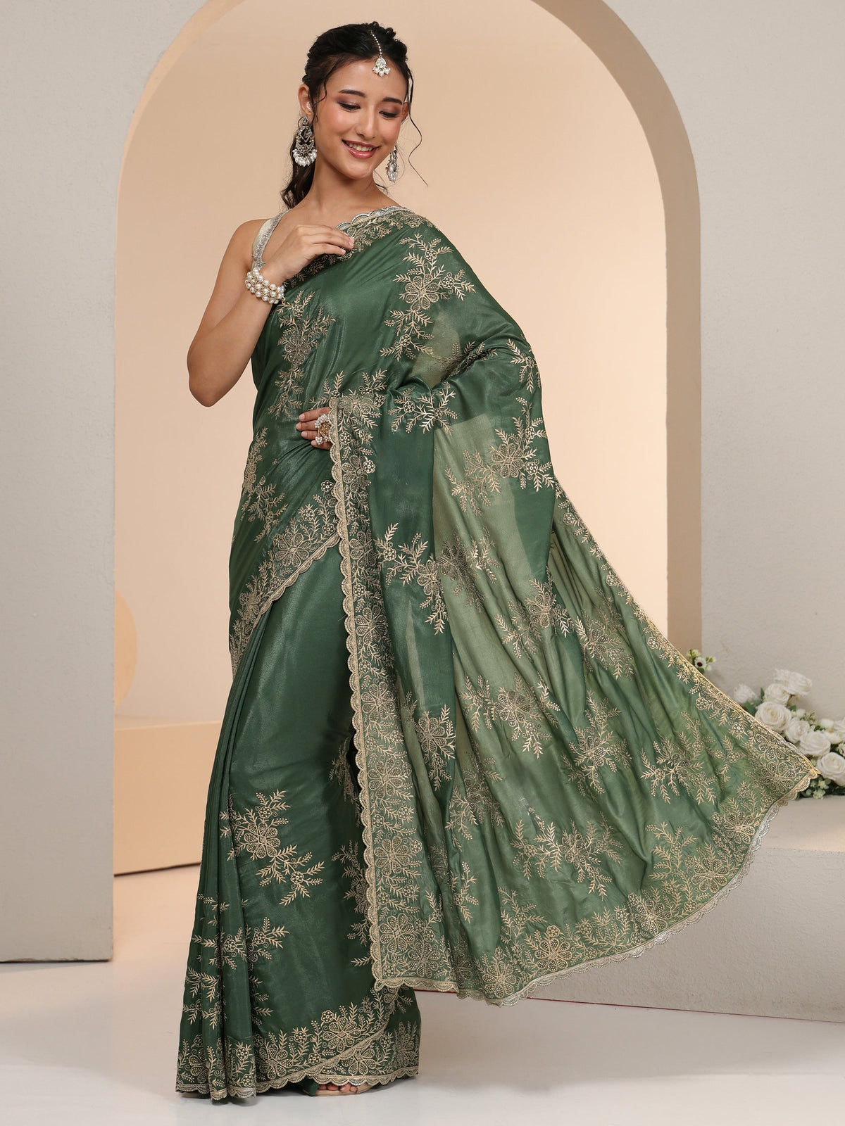 Anouk Moss Green Floral Embroidered Satin Saree