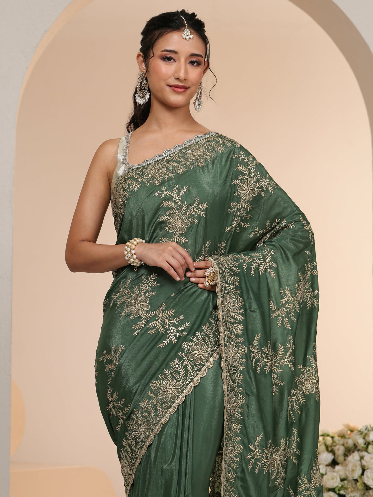 Anouk Moss Green Floral Embroidered Satin Saree