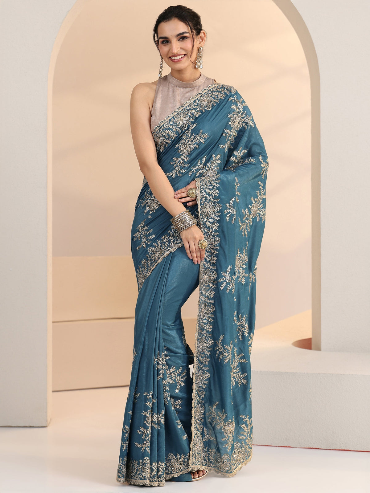 Anouk Cerulean Blue Floral Embroidered Satin Saree