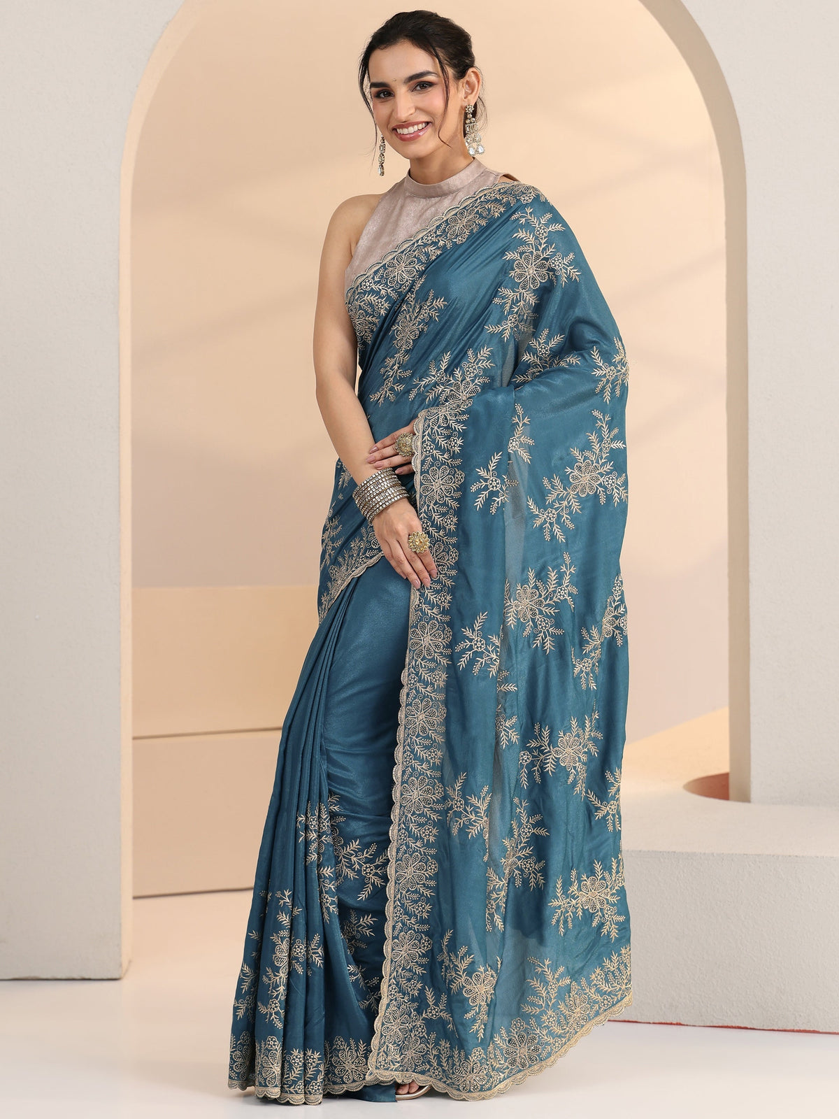 Anouk Cerulean Blue Floral Embroidered Satin Saree