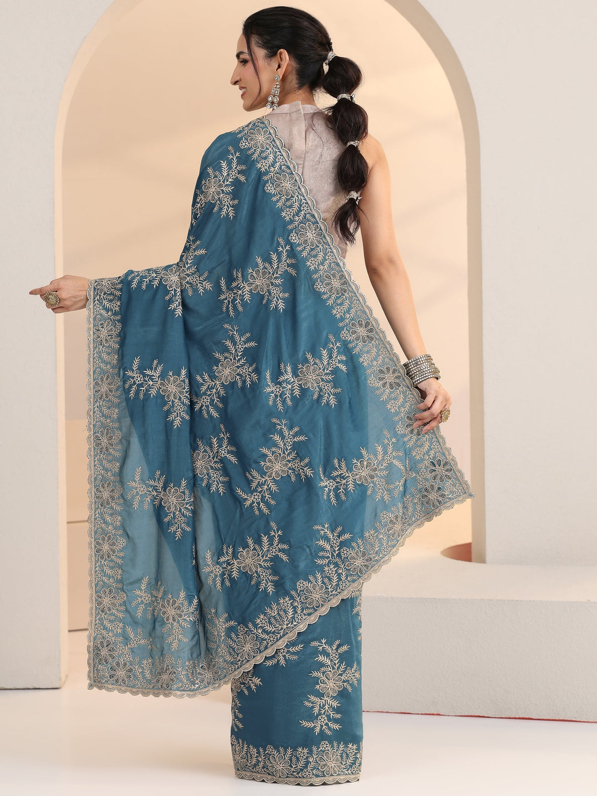 Anouk Cerulean Blue Floral Embroidered Satin Saree