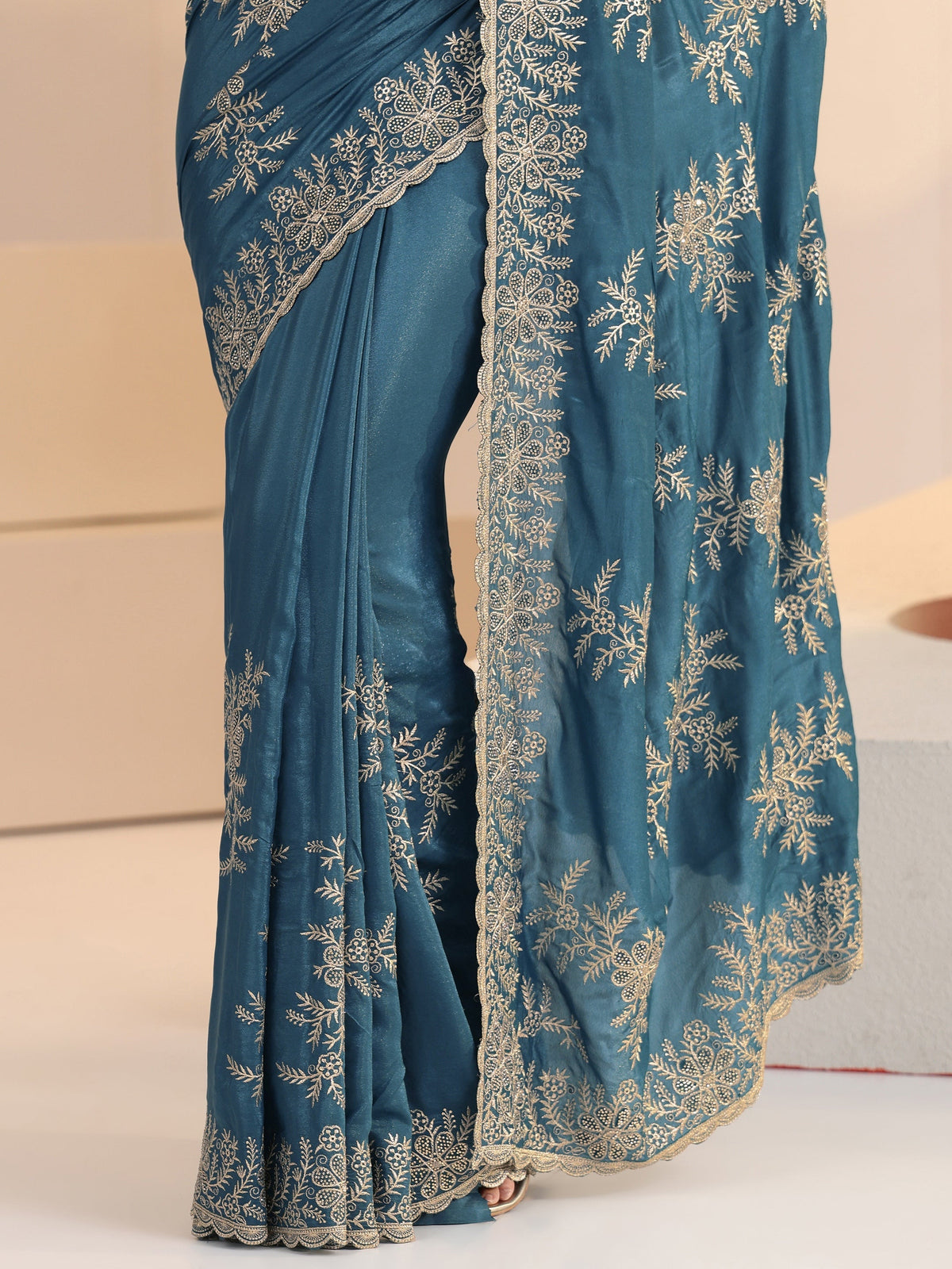Anouk Cerulean Blue Floral Embroidered Satin Saree