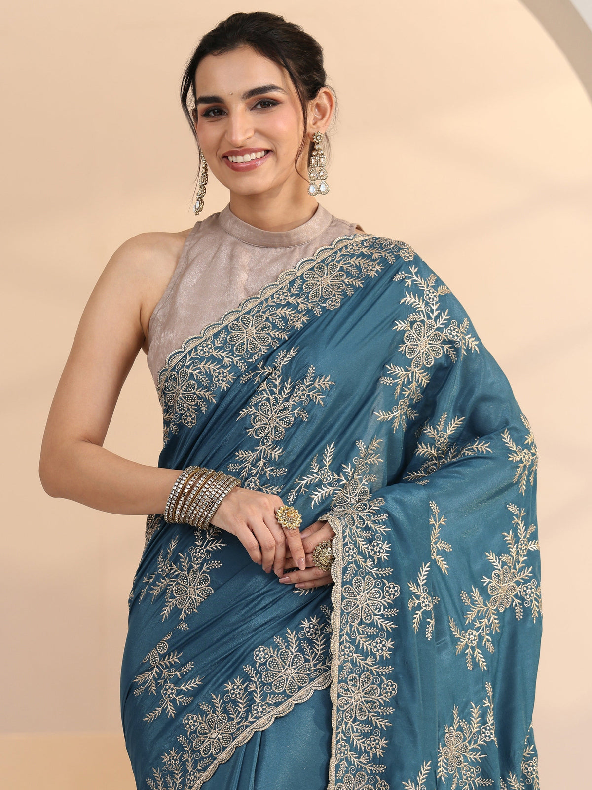 Anouk Cerulean Blue Floral Embroidered Satin Saree