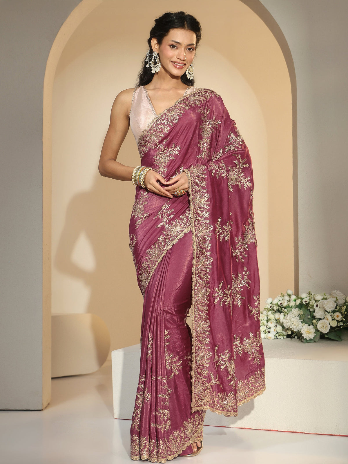 Anouk Mauve Floral Embroidered Satin Saree
