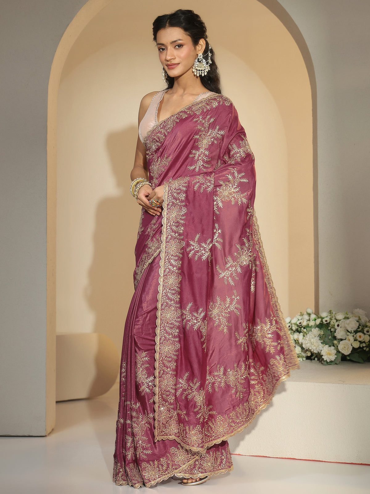 Anouk Mauve Floral Embroidered Satin Saree
