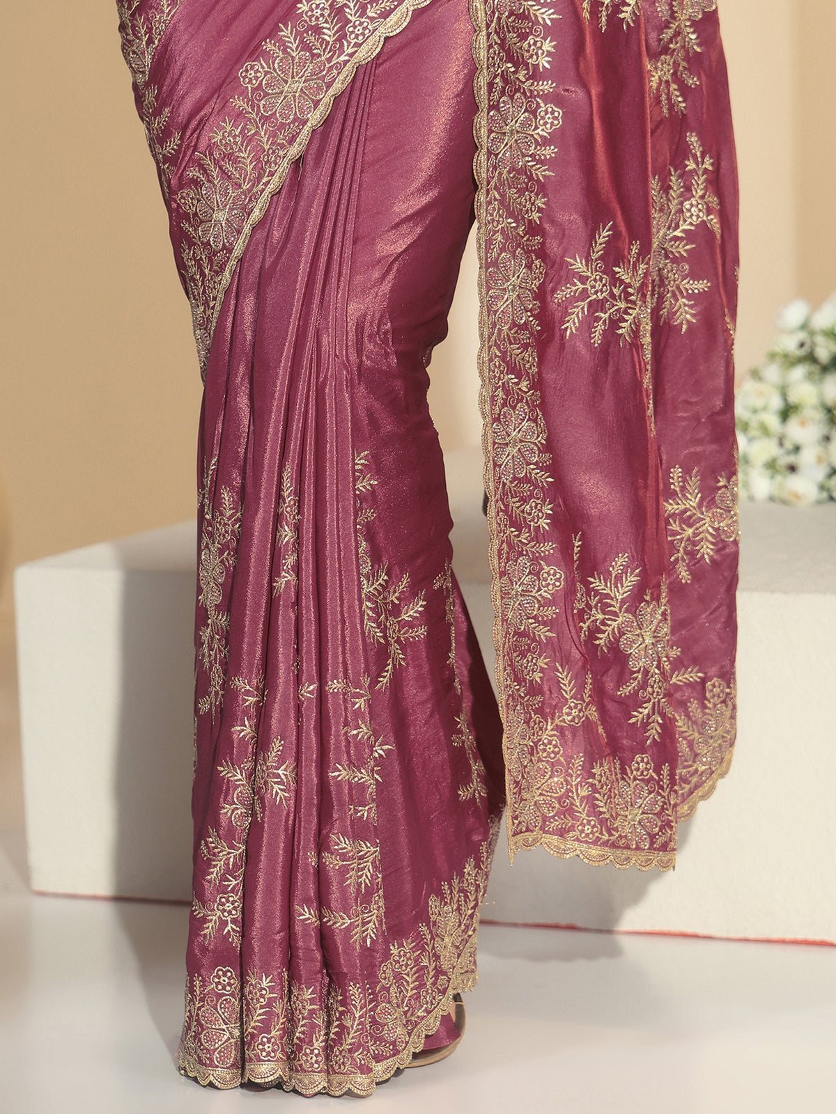 Anouk Mauve Floral Embroidered Satin Saree