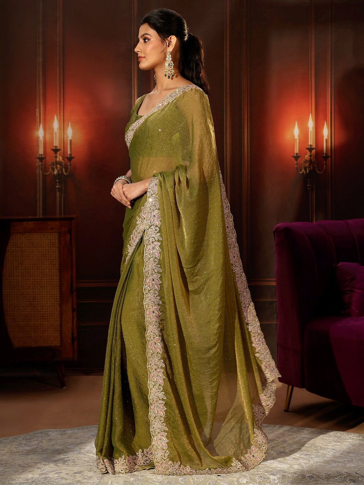 Anouk Olive Green Embellished Tissue Saree with Floral Border
