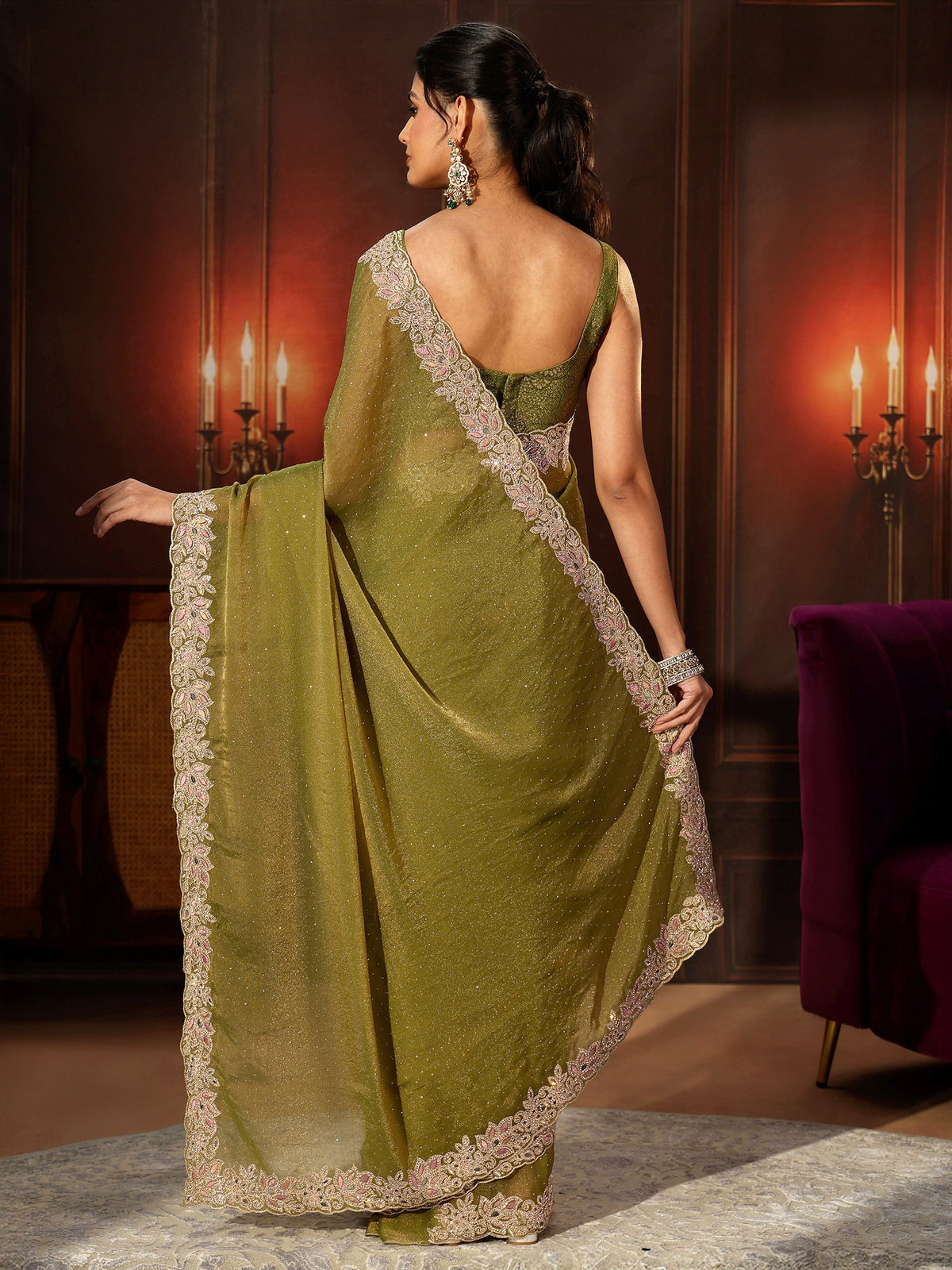Anouk Olive Green Embellished Tissue Saree with Floral Border