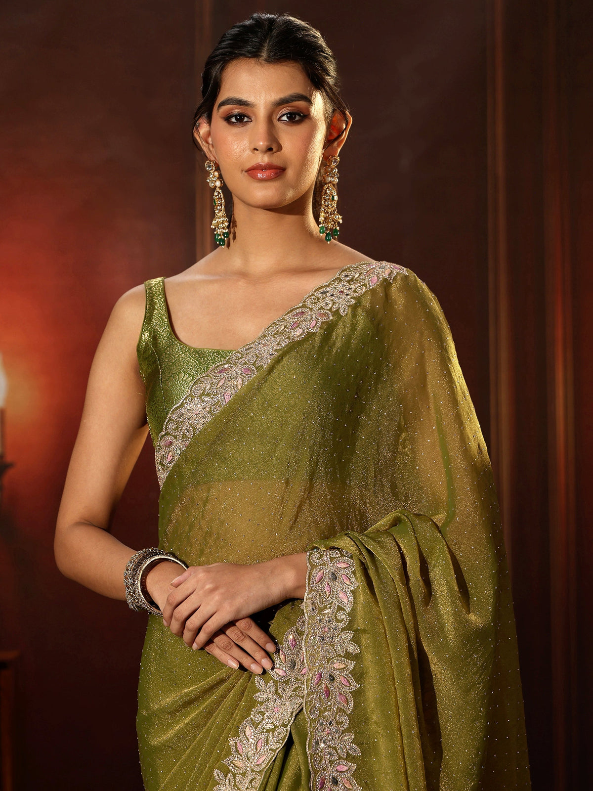 Anouk Olive Green Embellished Tissue Saree with Floral Border