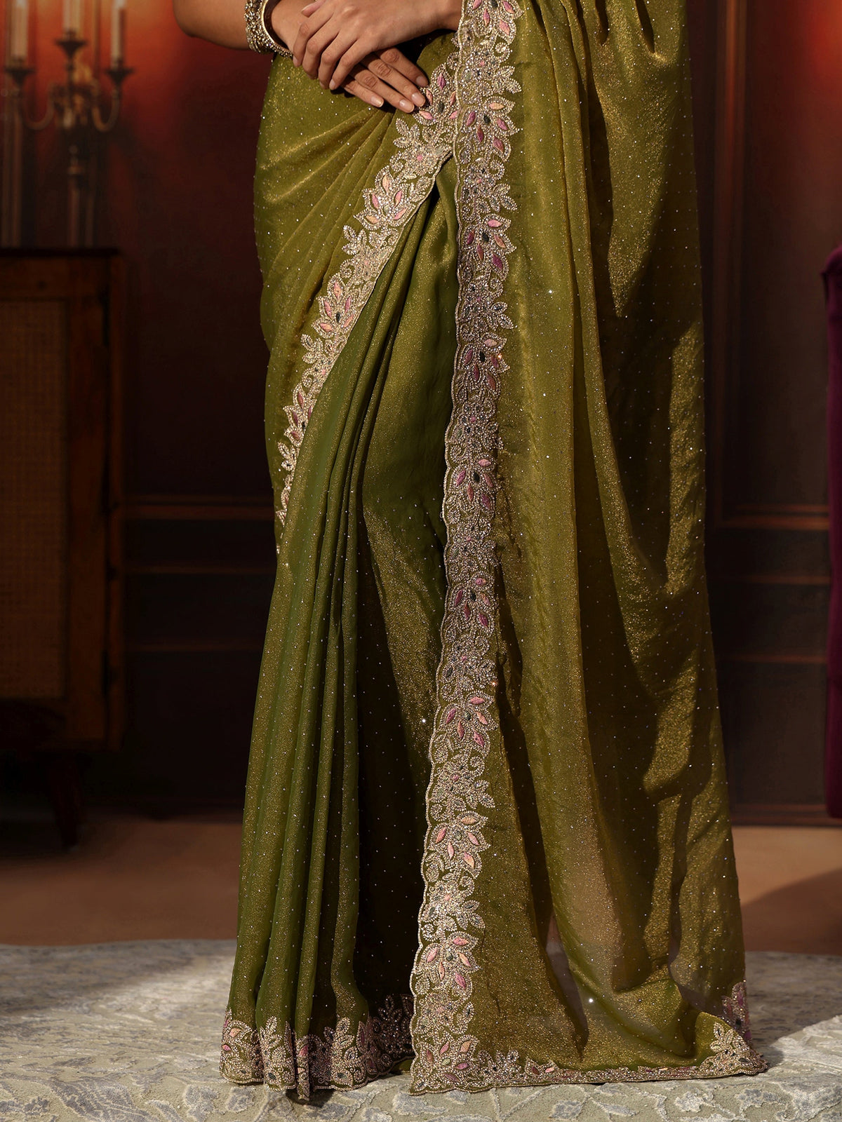 Anouk Olive Green Embellished Tissue Saree with Floral Border