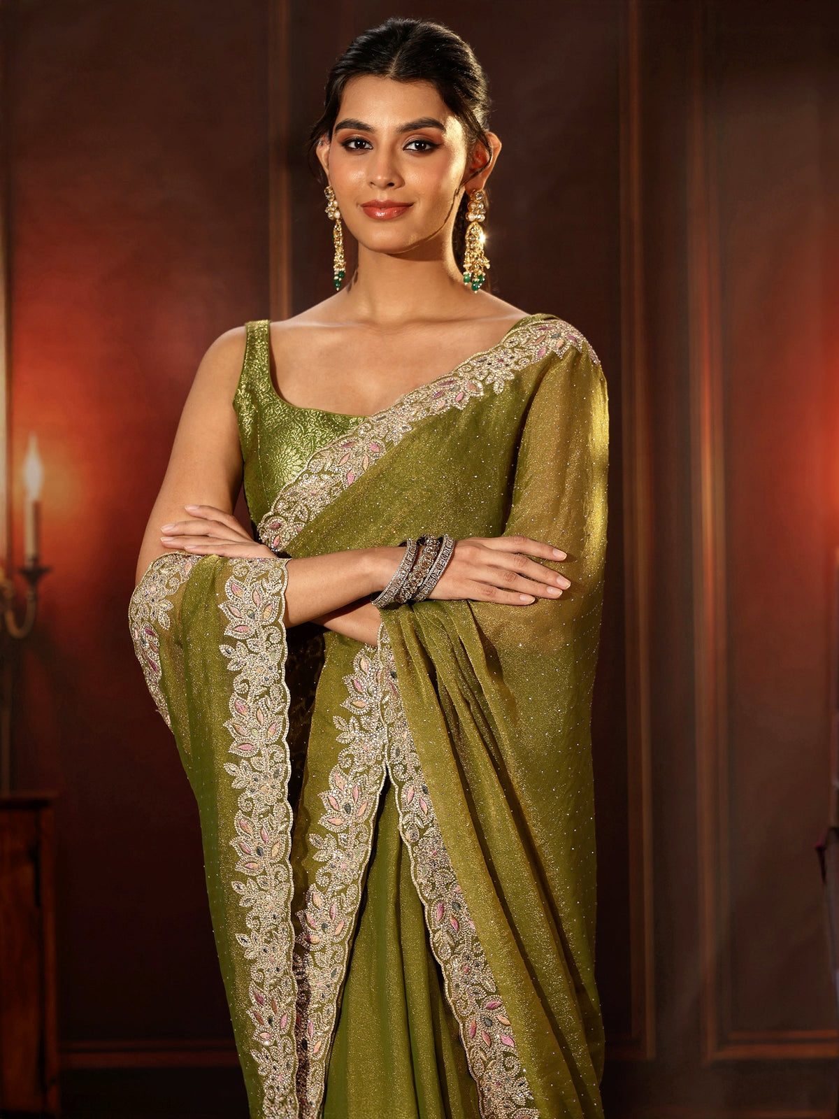 Anouk Olive Green Embellished Tissue Saree with Floral Border