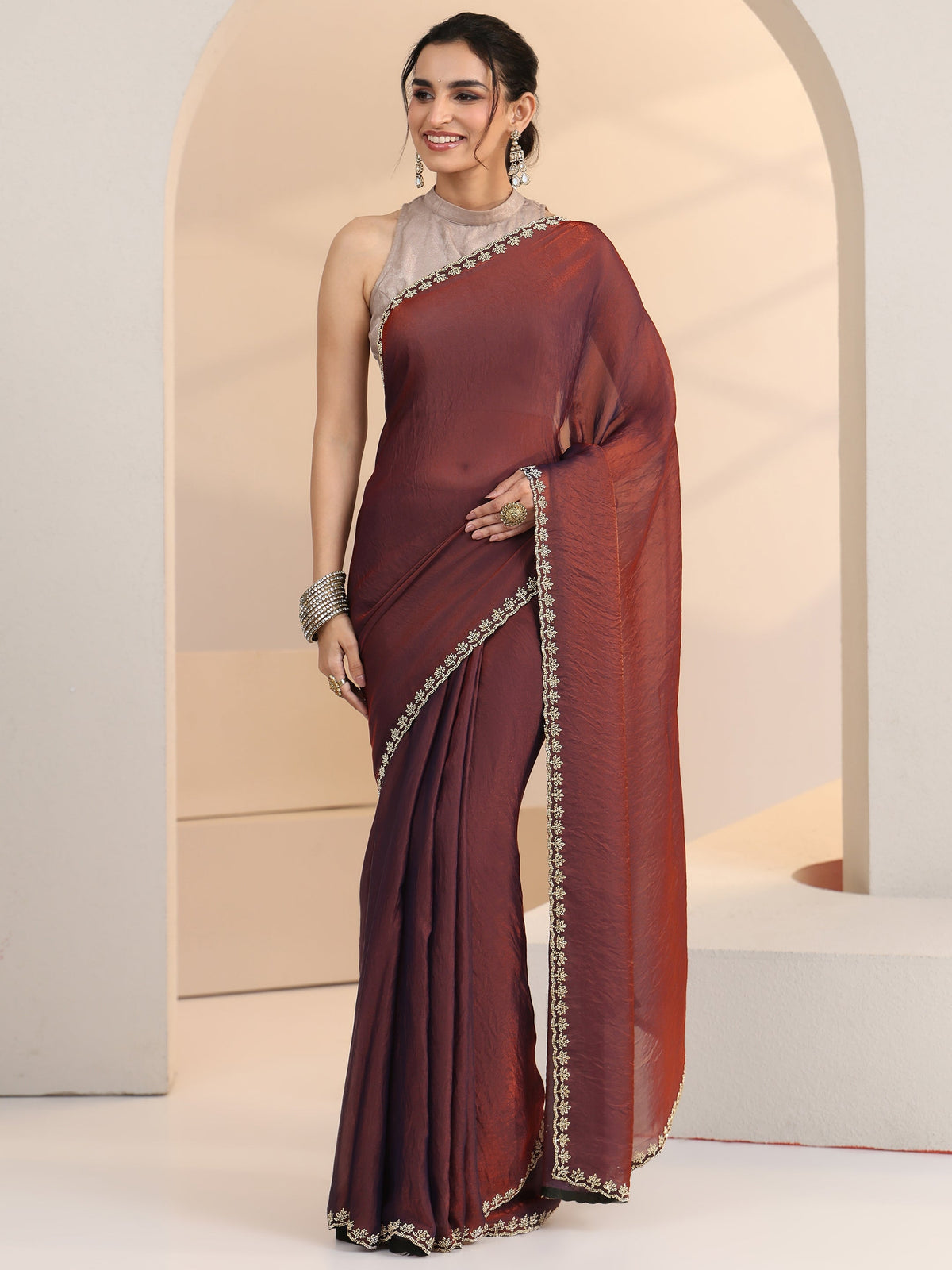 Anouk Brown Tissue Saree with Stone Work Border