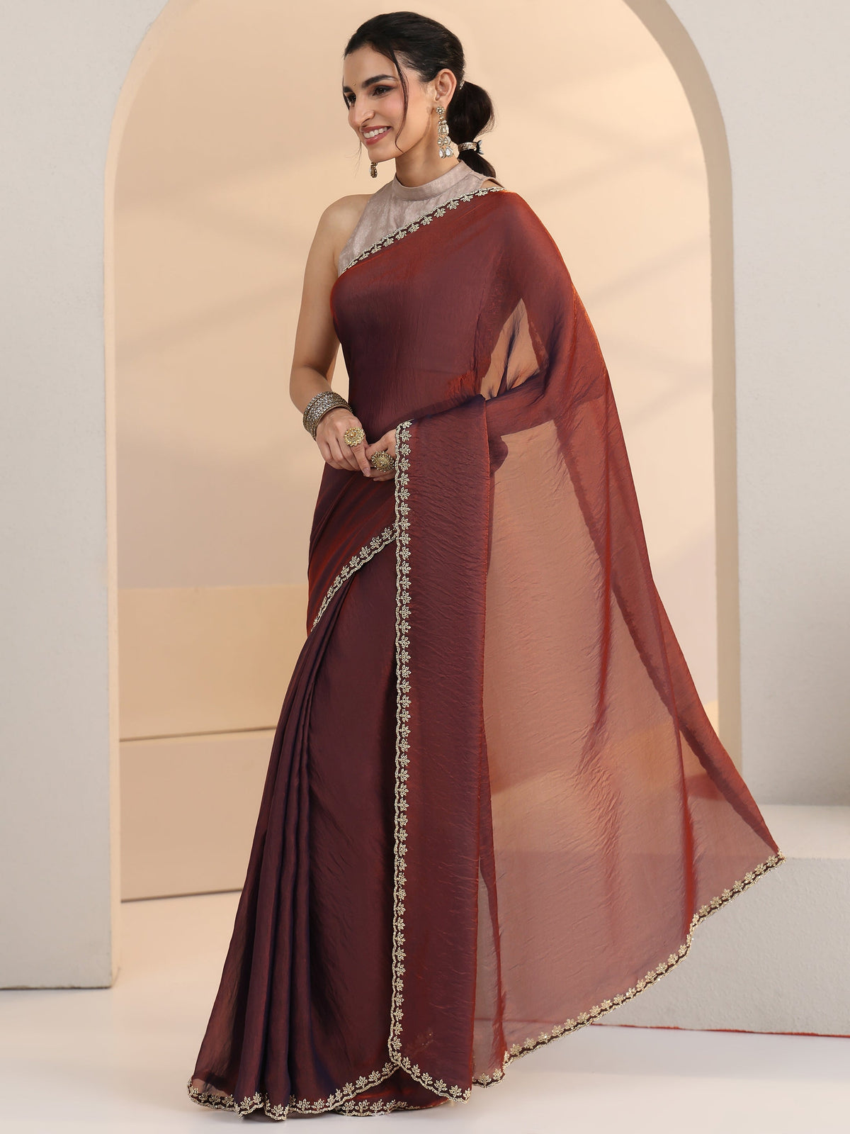 Anouk Brown Tissue Saree with Stone Work Border