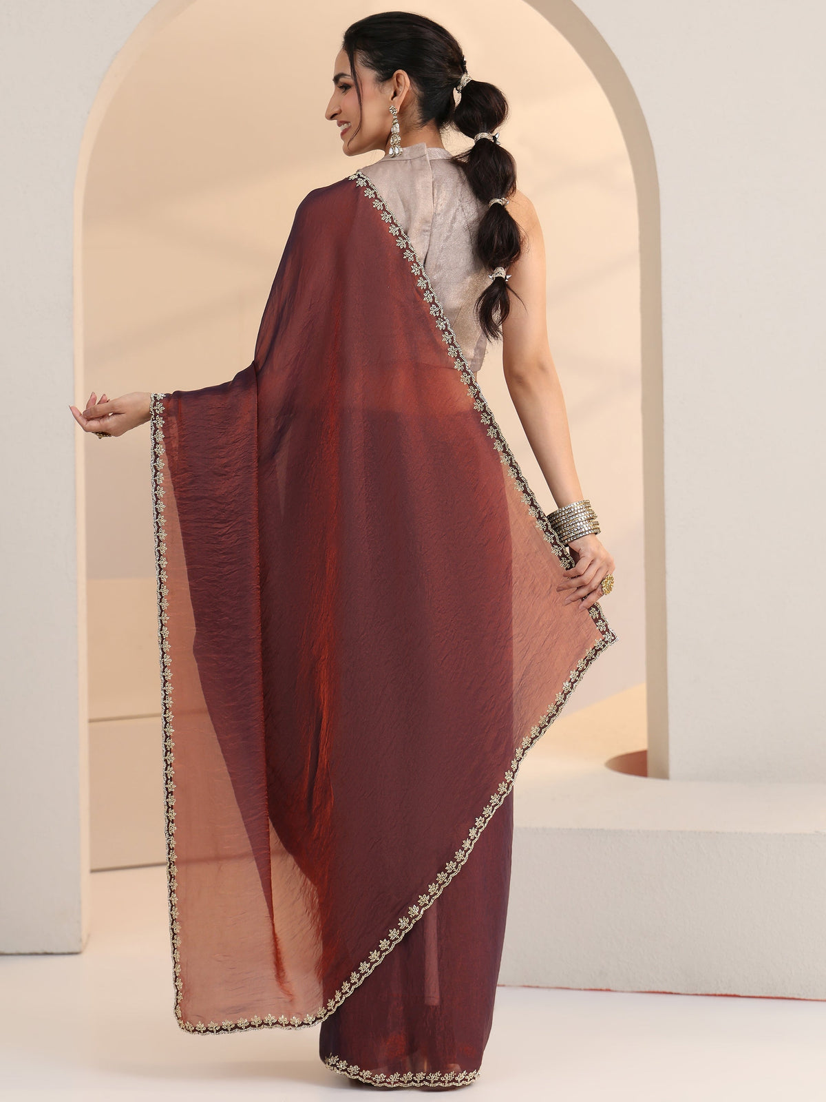 Anouk Brown Tissue Saree with Stone Work Border