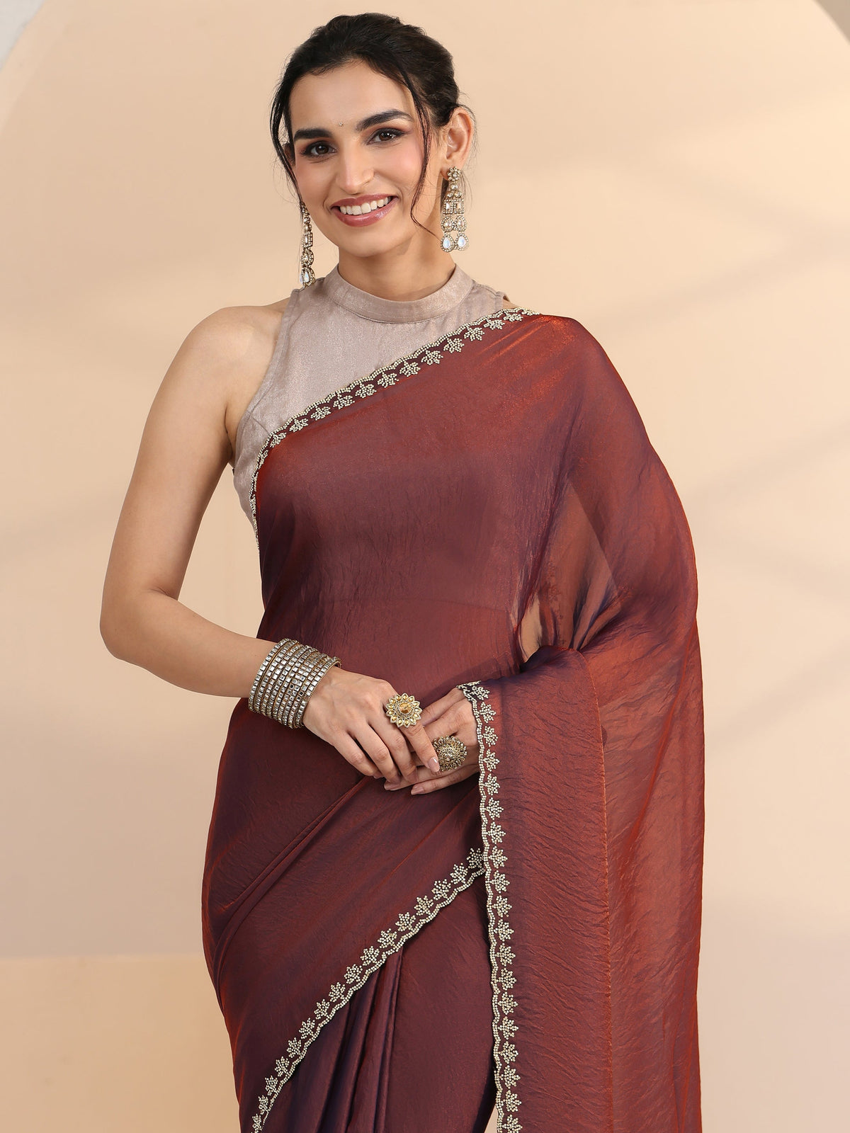 Anouk Brown Tissue Saree with Stone Work Border