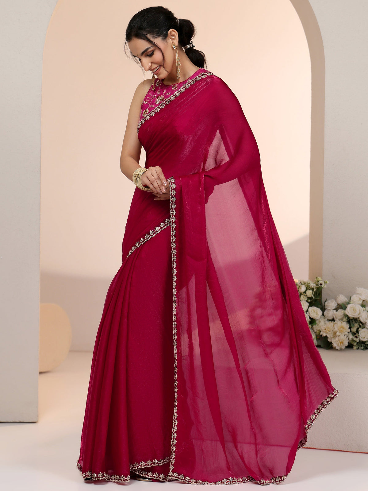 Anouk Rose Pink Tissue Saree with Stone Work Border