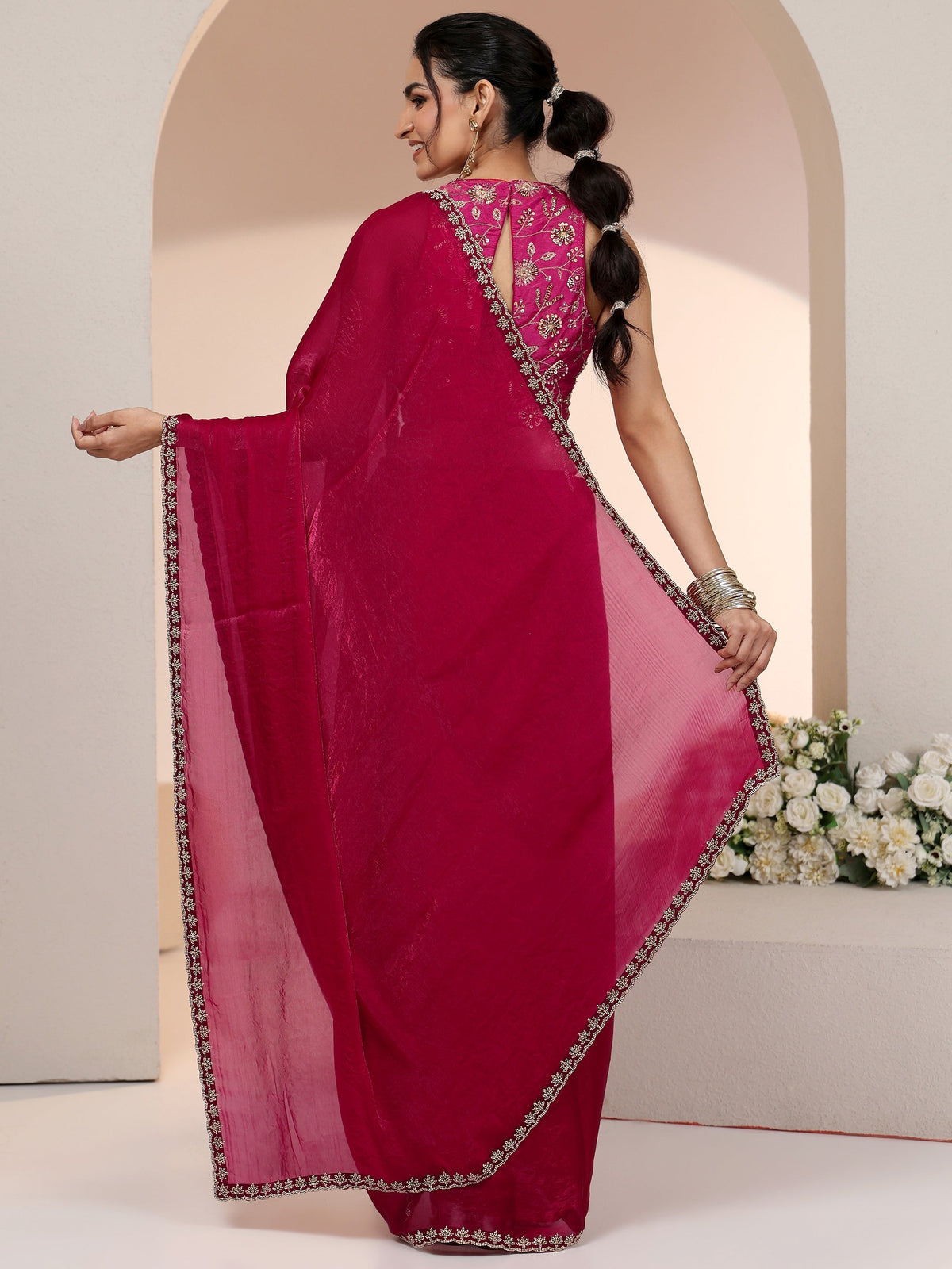 Anouk Rose Pink Tissue Saree with Stone Work Border