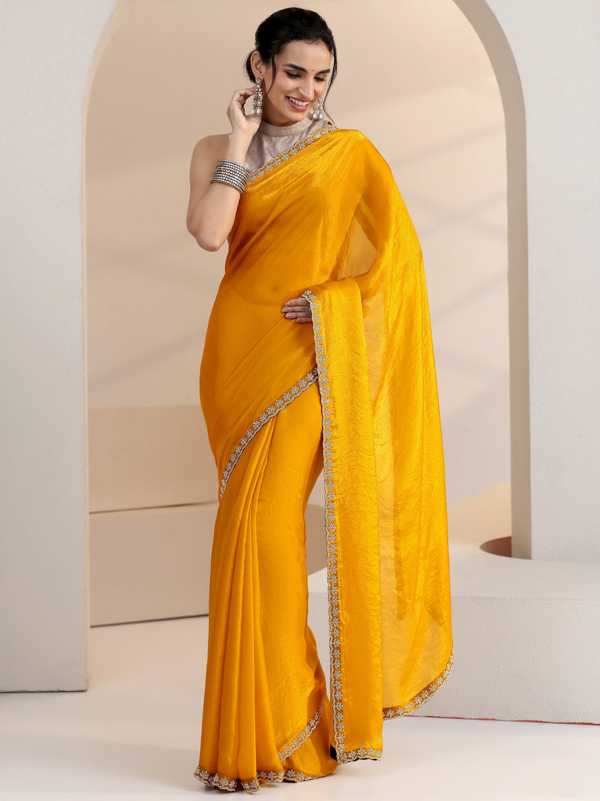 Anouk Mustard Yellow Tissue Saree with Stone Work Border