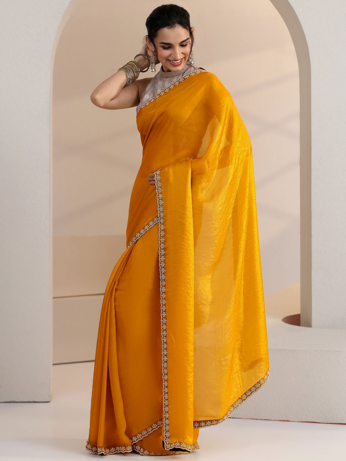 Anouk Mustard Yellow Tissue Saree with Stone Work Border