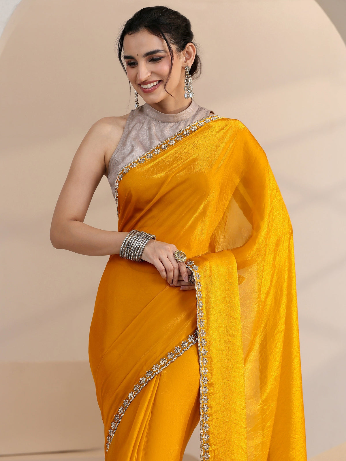 Anouk Mustard Yellow Tissue Saree with Stone Work Border