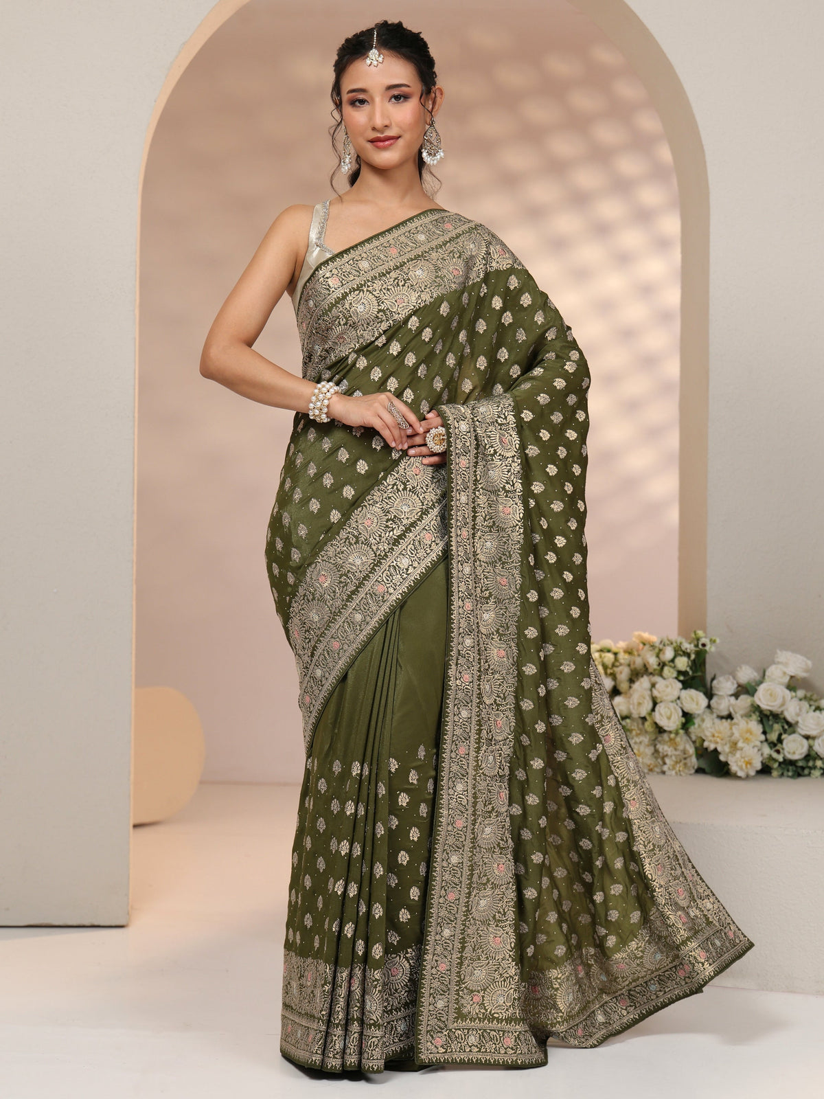 Anouk Leaf Green Embellished Satin Saree with Ethnic Motifs