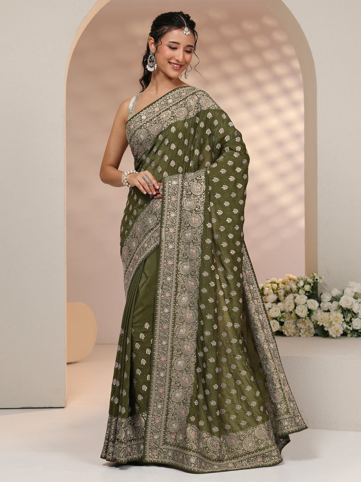 Anouk Leaf Green Embellished Satin Saree with Ethnic Motifs