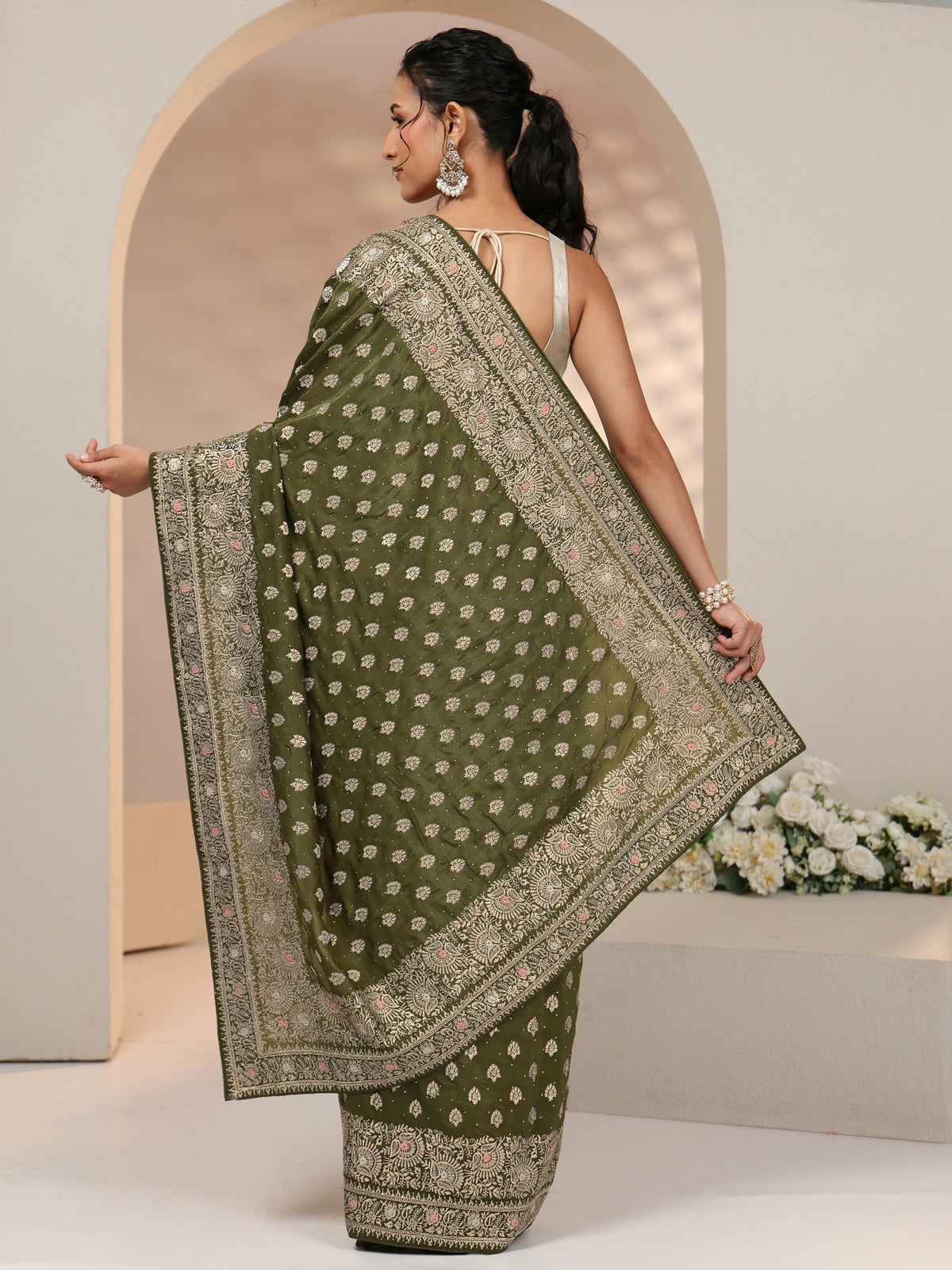 Anouk Leaf Green Embellished Satin Saree with Ethnic Motifs