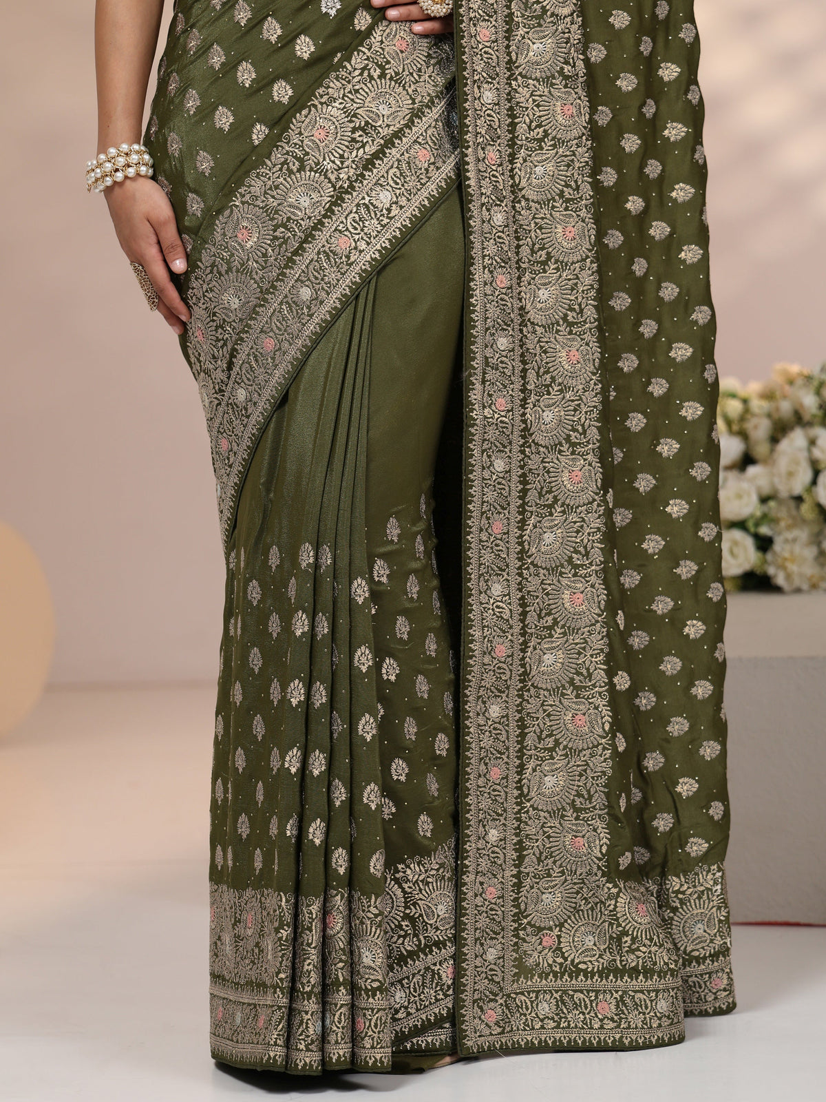 Anouk Leaf Green Embellished Satin Saree with Ethnic Motifs