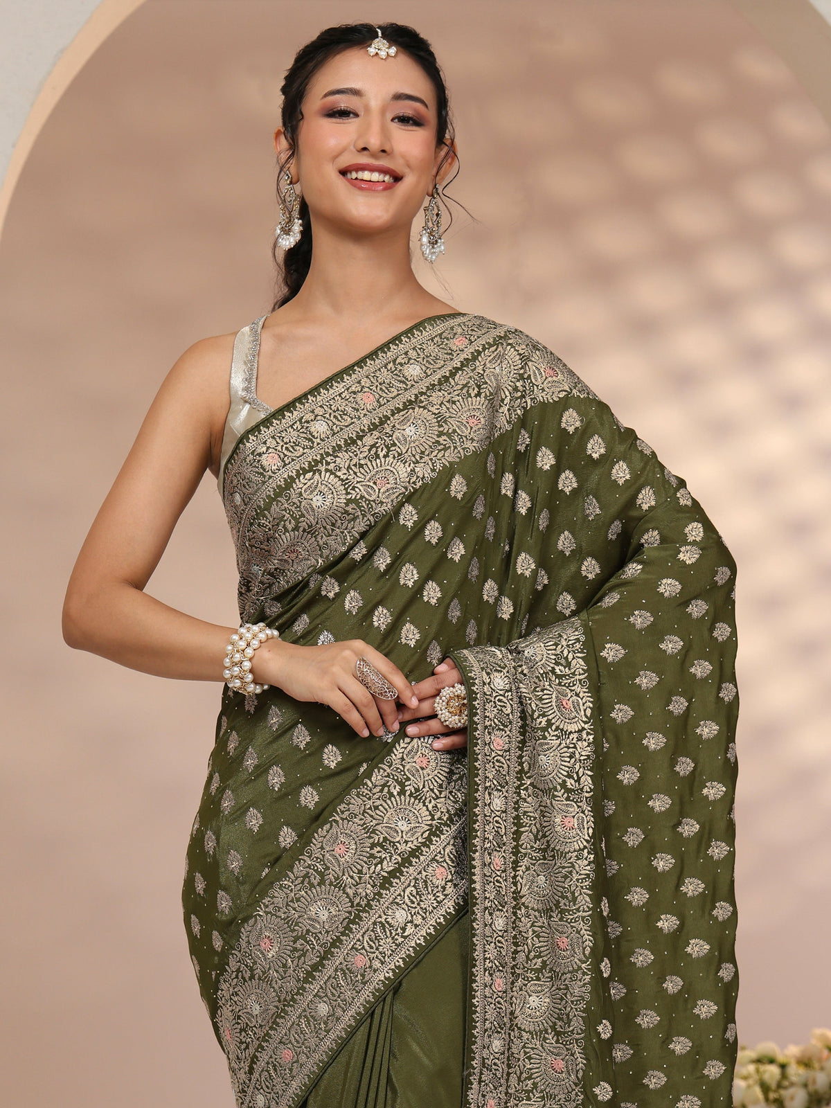Anouk Leaf Green Embellished Satin Saree with Ethnic Motifs