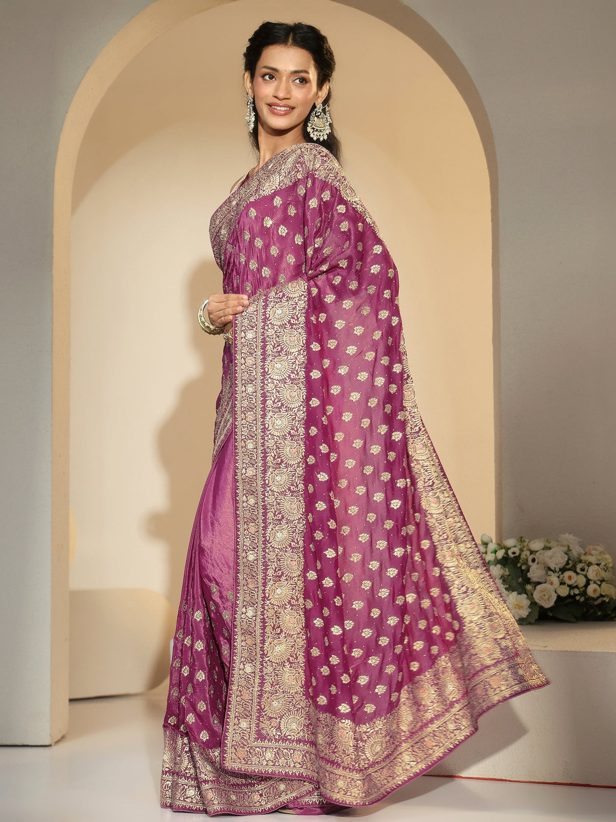 Anouk Dusty Rose Pink Embroidered Satin Saree