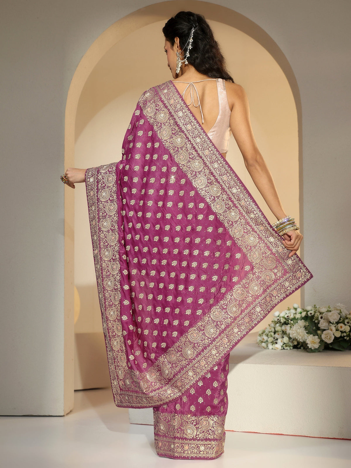 Anouk Dusty Rose Pink Embroidered Satin Saree