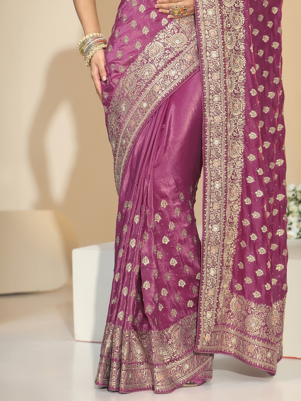 Anouk Dusty Rose Pink Embroidered Satin Saree