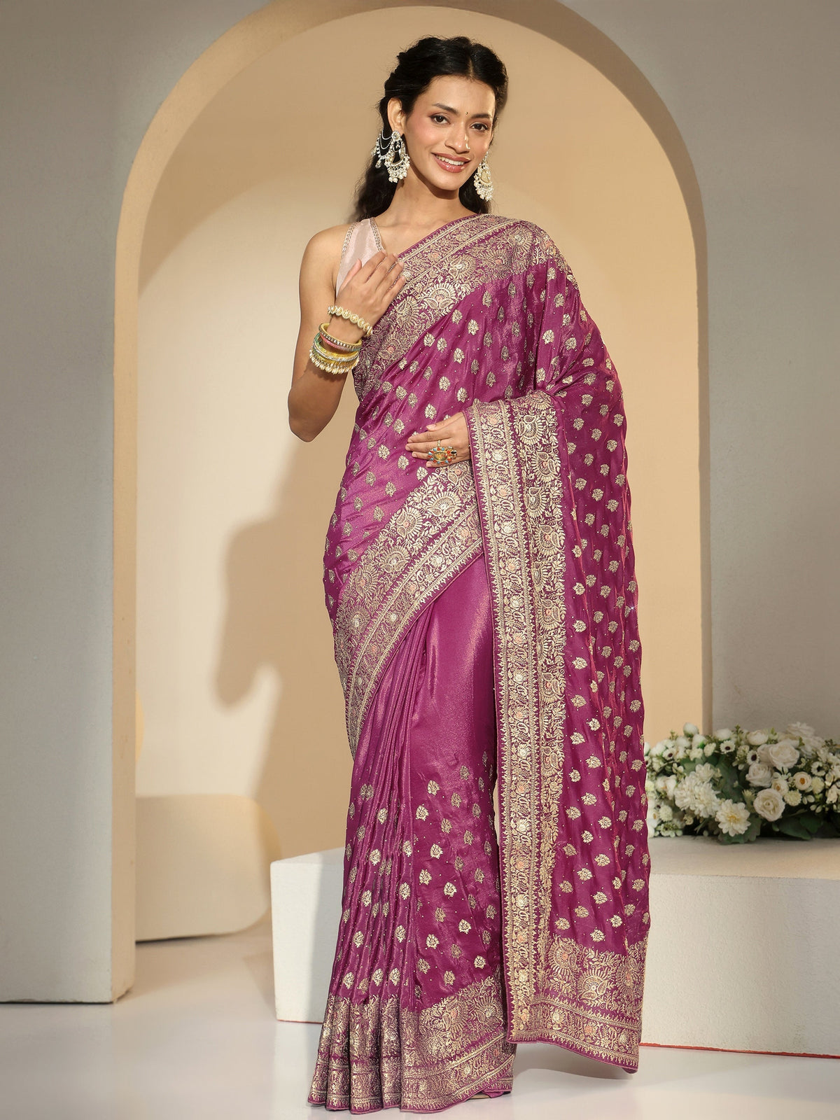 Anouk Dusty Rose Pink Embroidered Satin Saree
