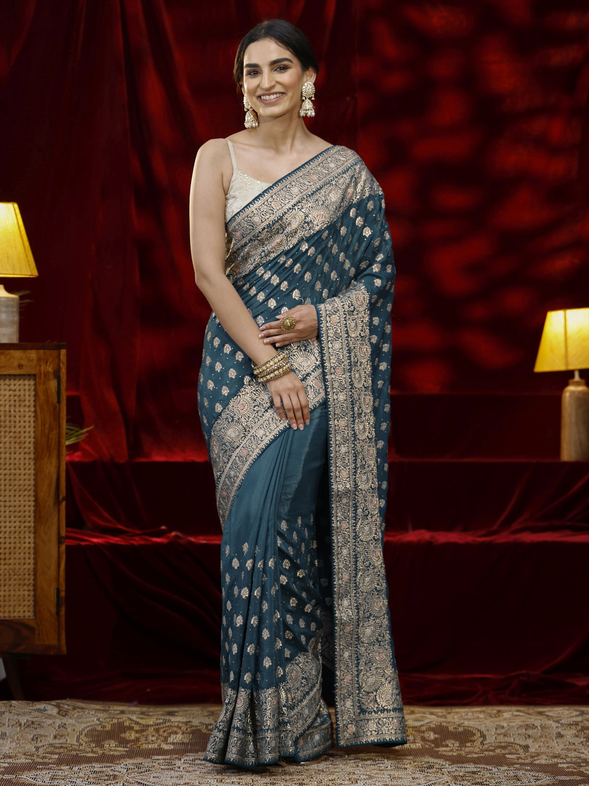 Anouk Blue Ethnic Motif Embroidered Satin Saree