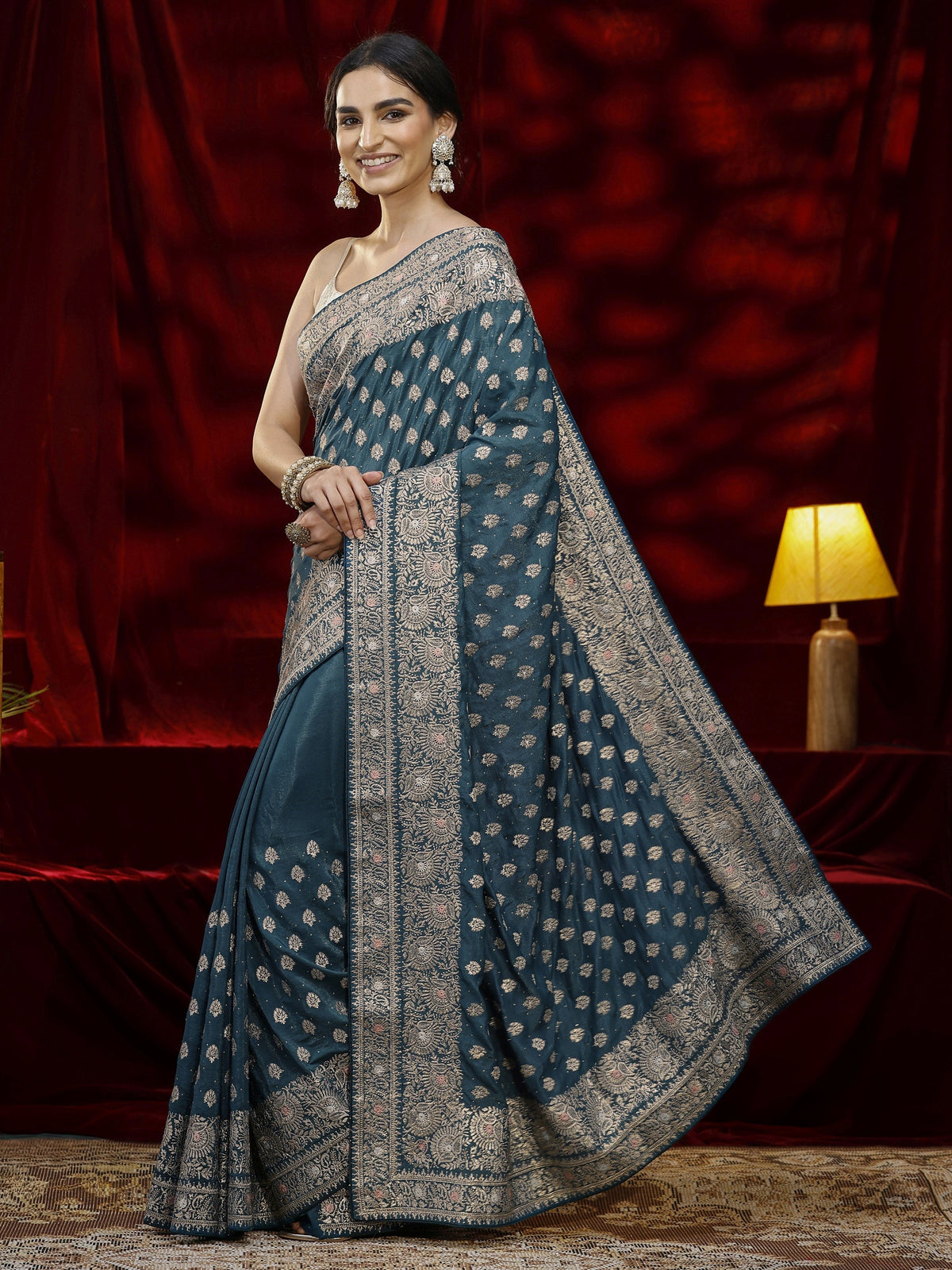 Anouk Blue Ethnic Motif Embroidered Satin Saree