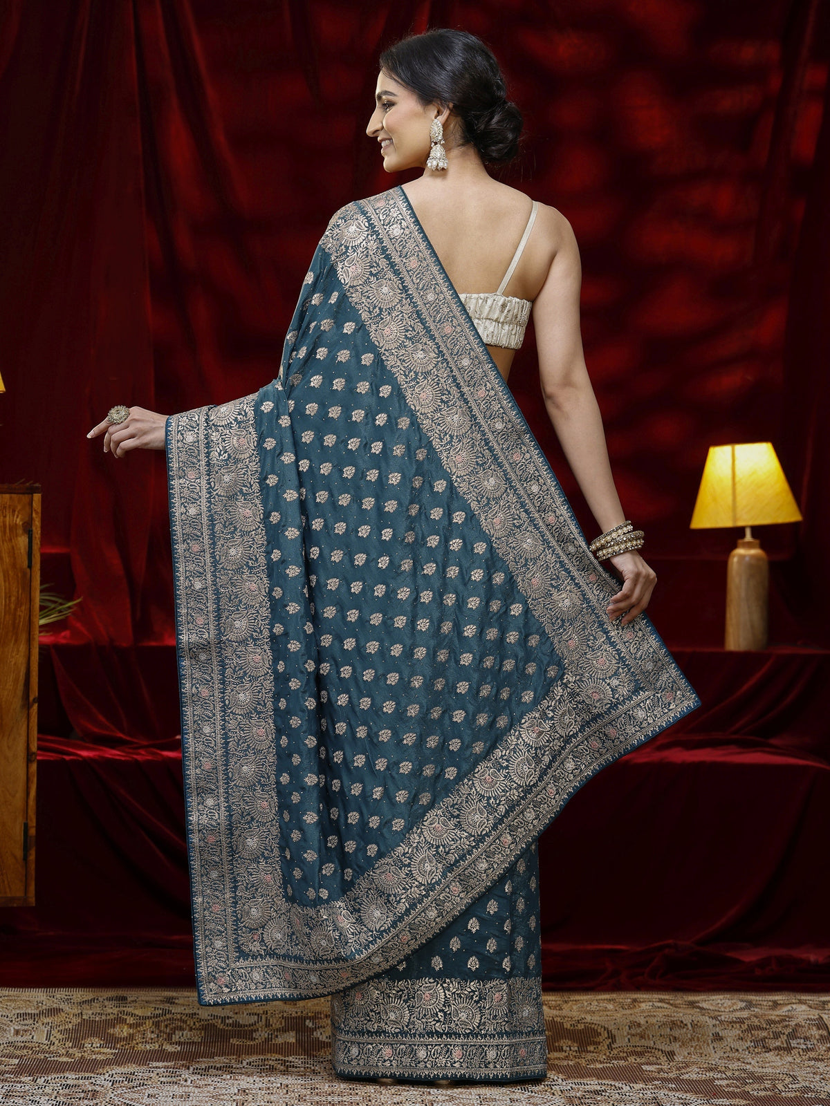 Anouk Blue Ethnic Motif Embroidered Satin Saree