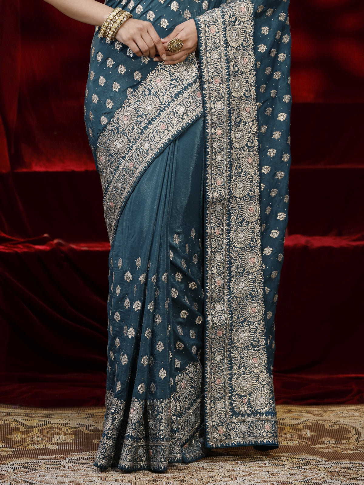 Anouk Blue Ethnic Motif Embroidered Satin Saree