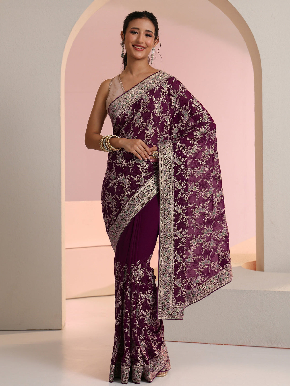 Anouk Wine Red Floral  Embroidered Georgette Saree