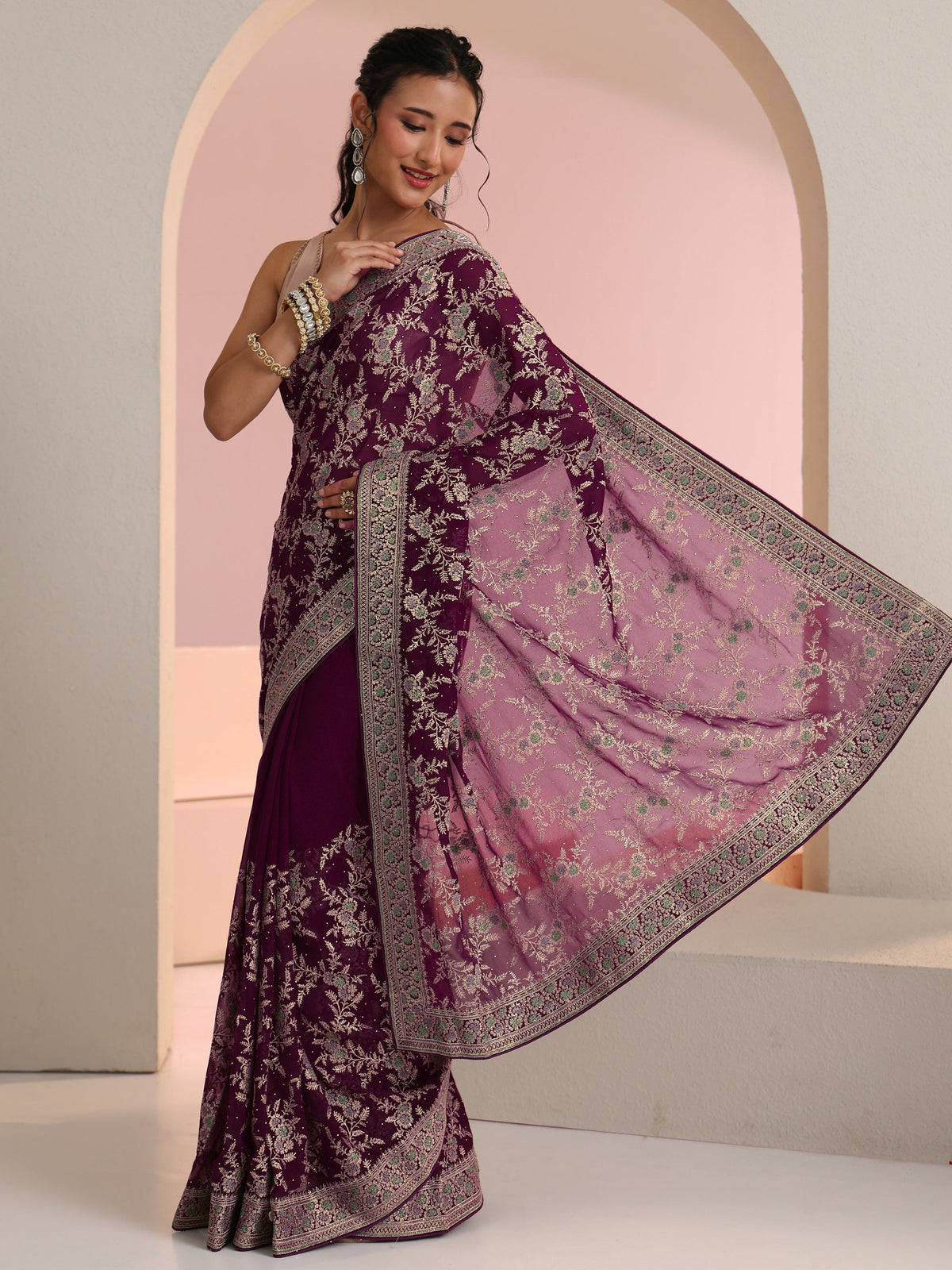 Anouk Wine Red Floral  Embroidered Georgette Saree