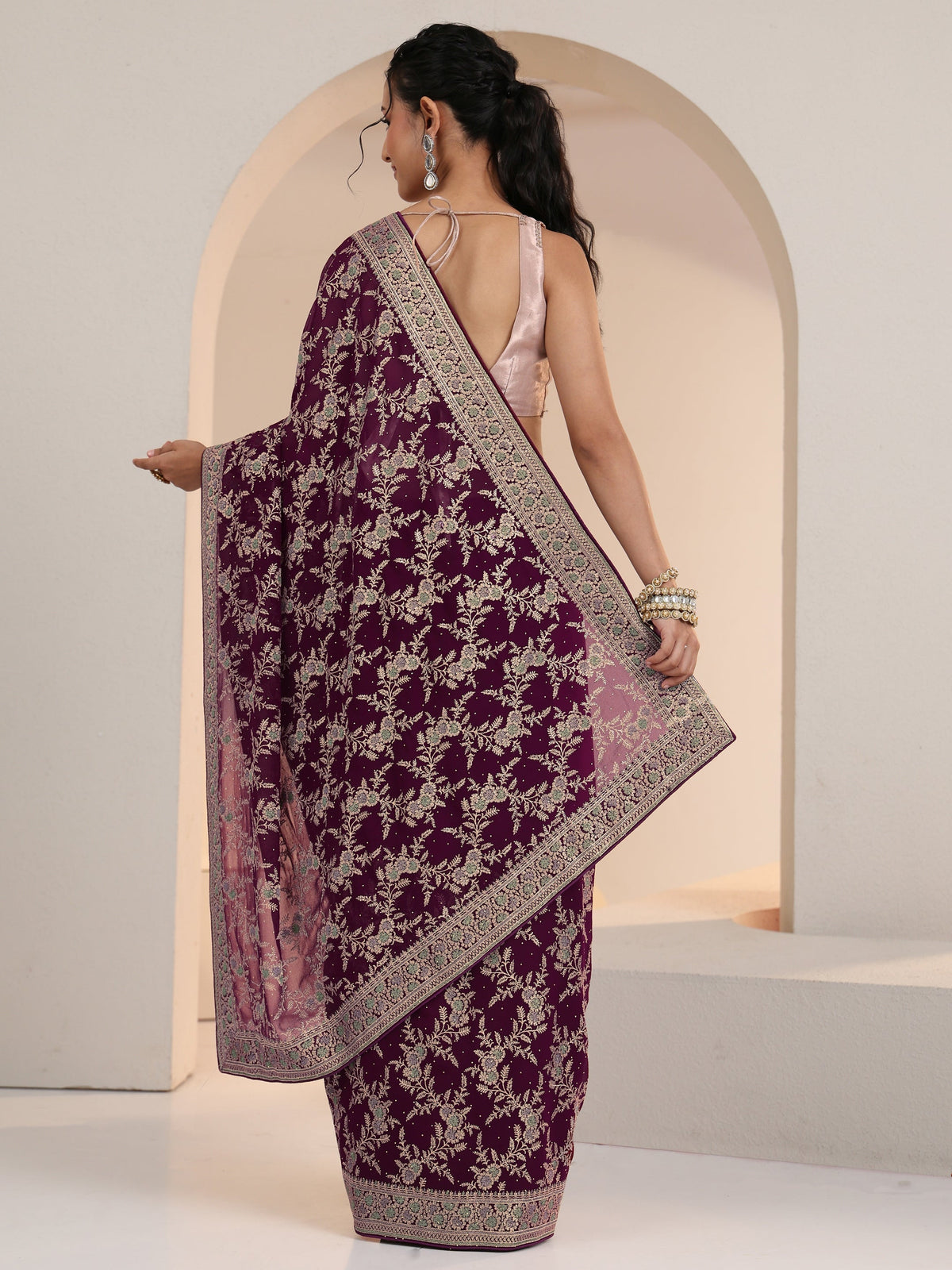 Anouk Wine Red Floral  Embroidered Georgette Saree