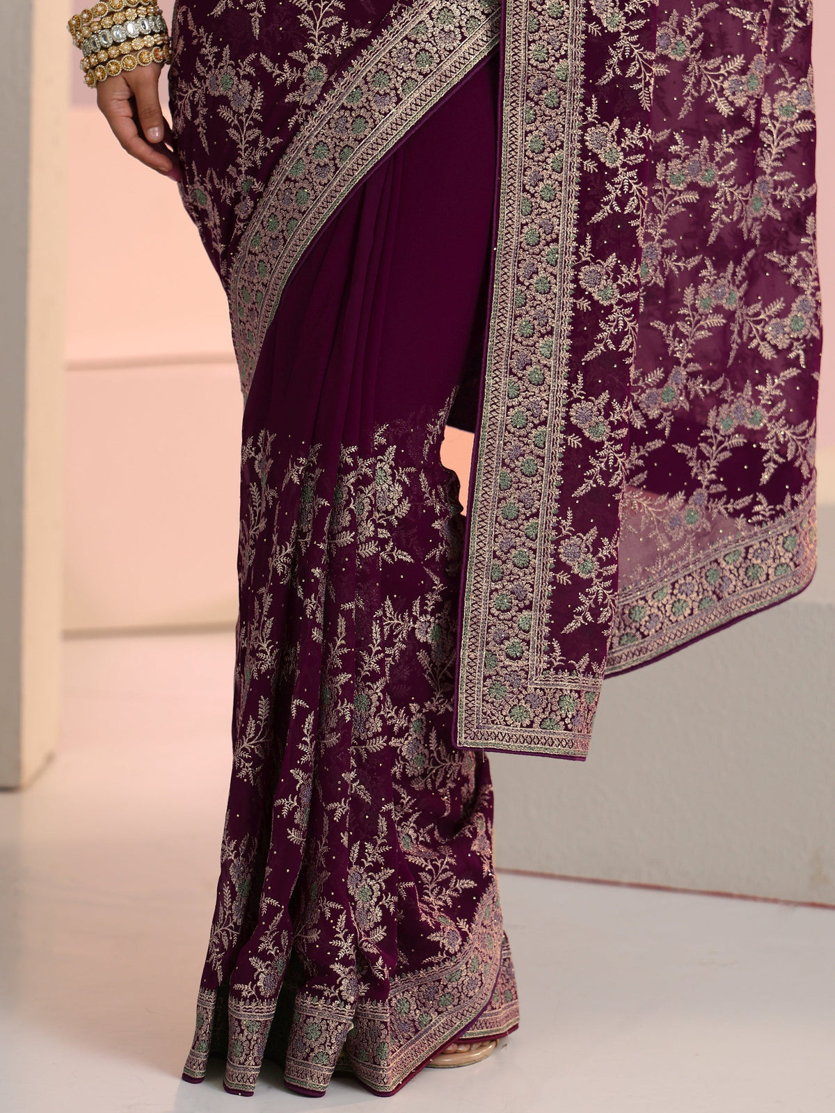 Anouk Wine Red Floral  Embroidered Georgette Saree