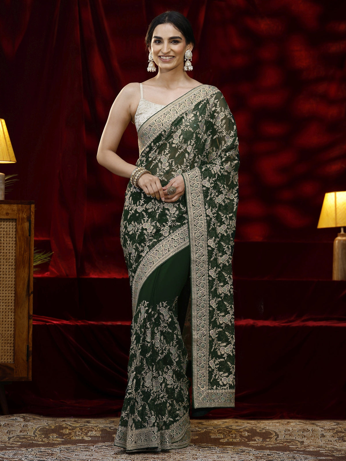 Anouk Green Floral Embroidered Georgette Saree