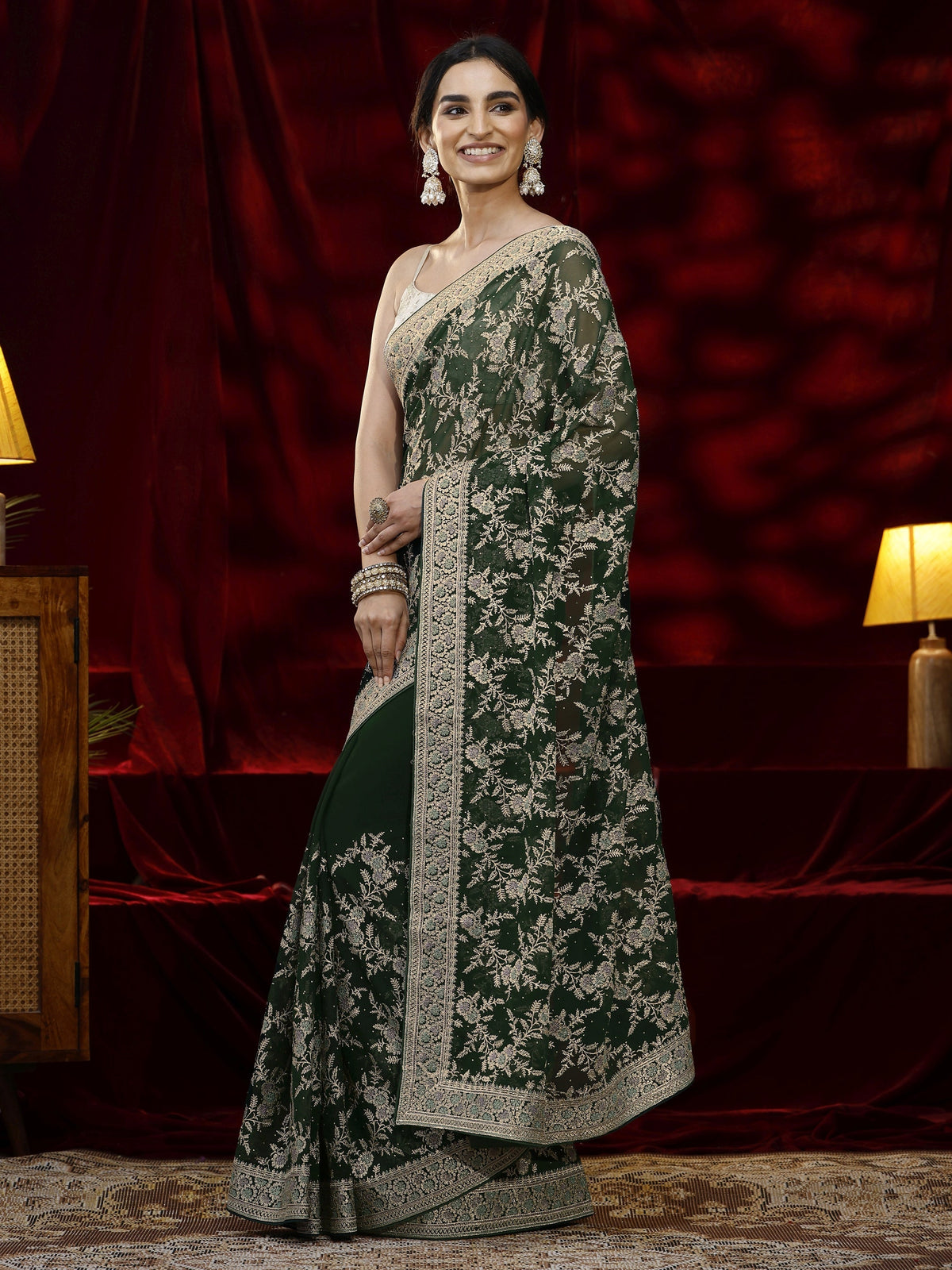 Anouk Green Floral Embroidered Georgette Saree