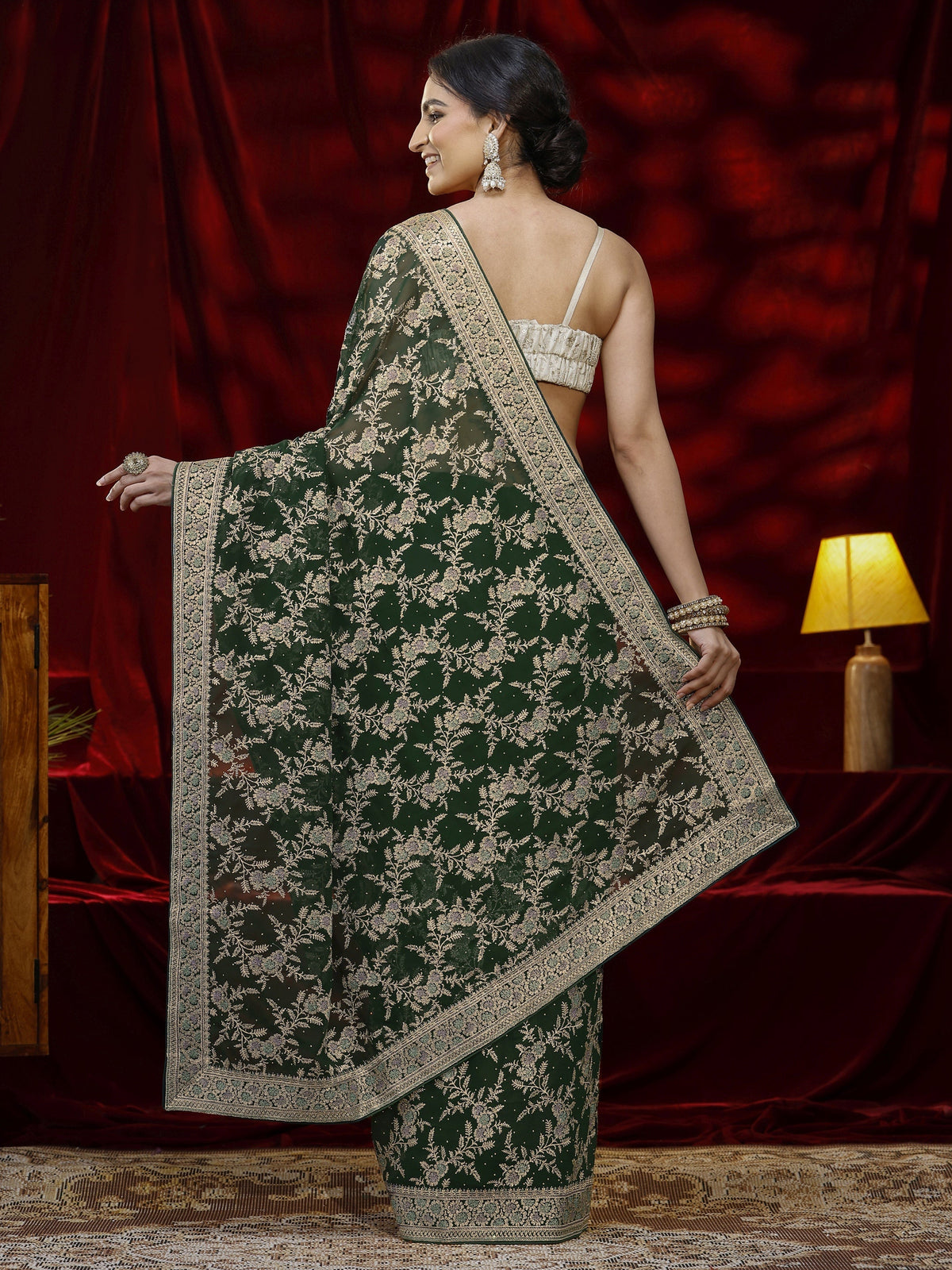 Anouk Green Floral Embroidered Georgette Saree